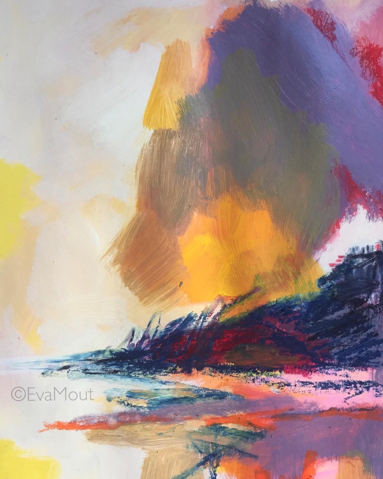‘Sunrise on the Beach’, acrylics and crayon on paper, A4, €260