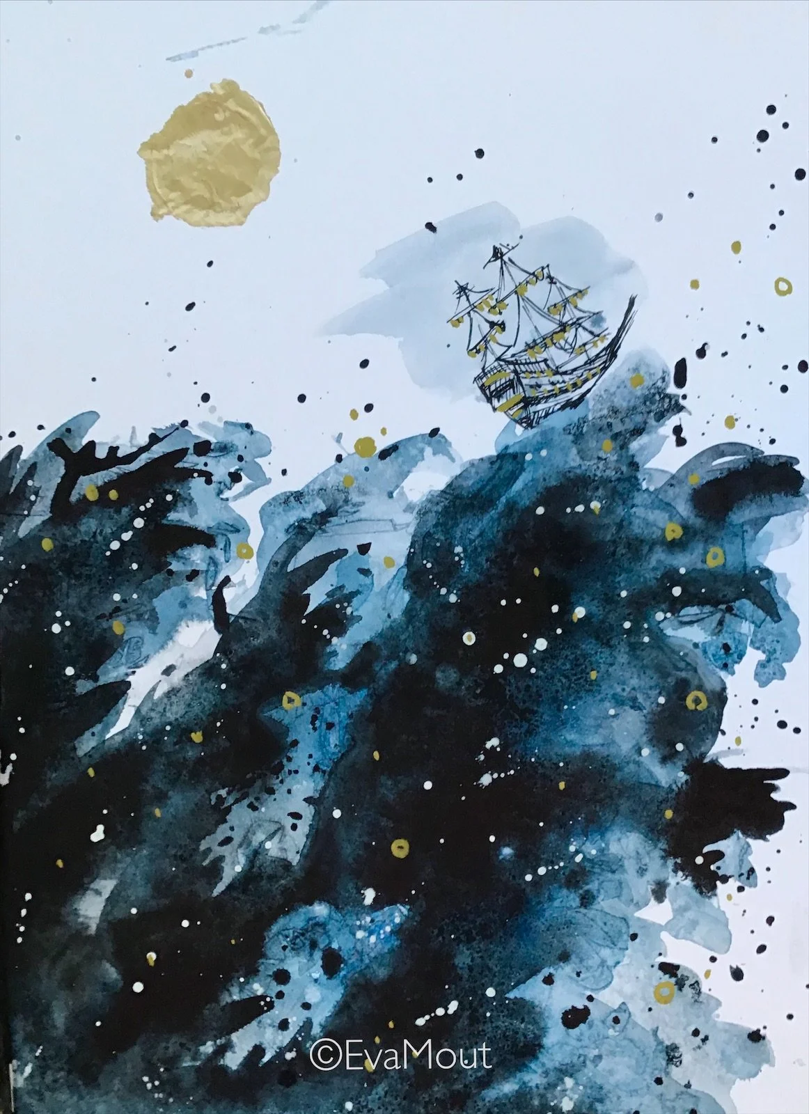 ‘Jede Welle gehört zum Meer’, ink and goldleaf on paper, A4, SOLD