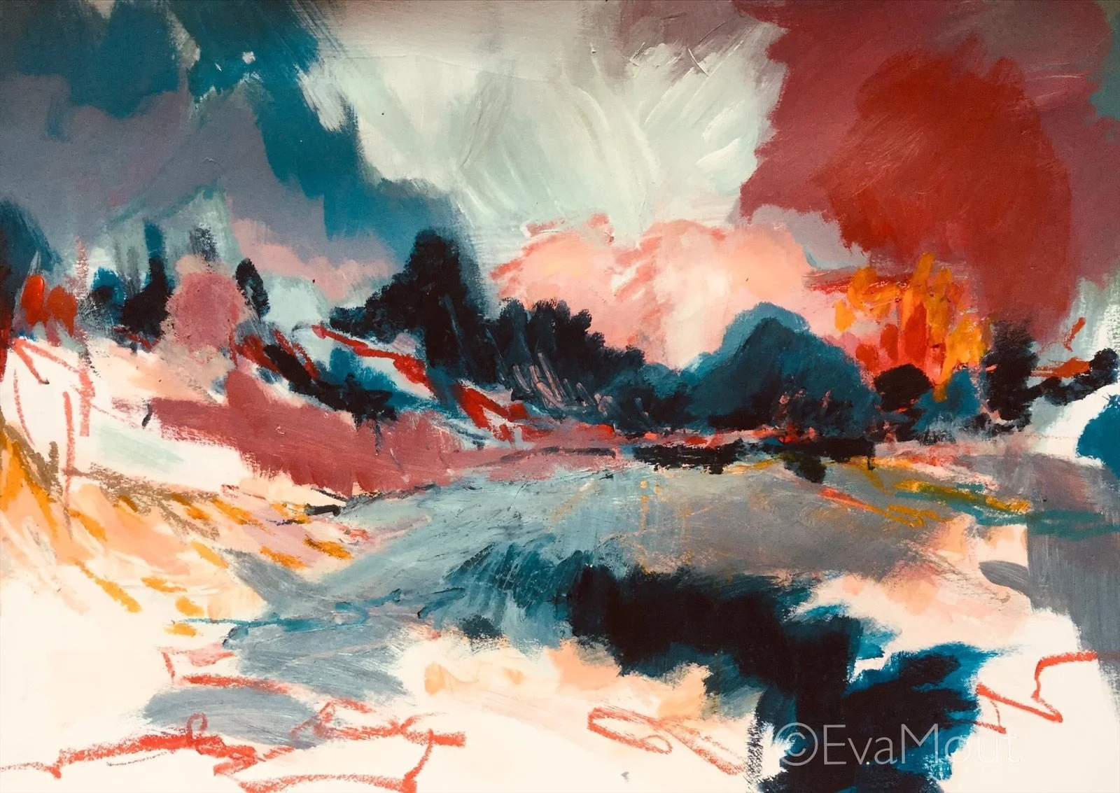 ‘Landscape in Reds’, acrylics and crayon on paper, A3, €380