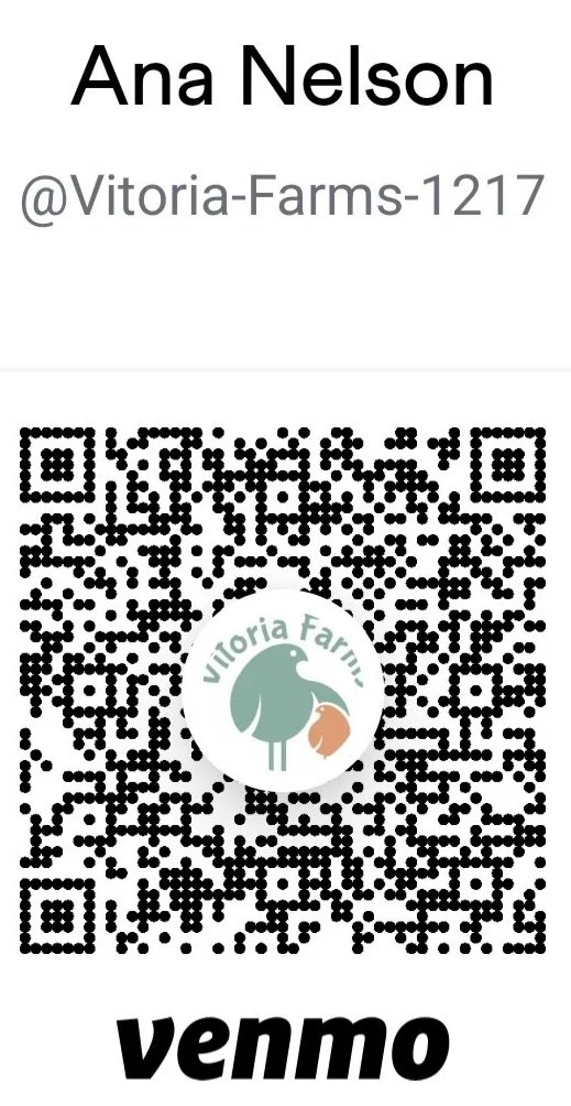 QR code with a logo in the center that reads 'Vitoria Farms,' featuring a bird and an acorn, alongside the name Ana Nelson and the handle '@Vitoria-Farms-1217'.