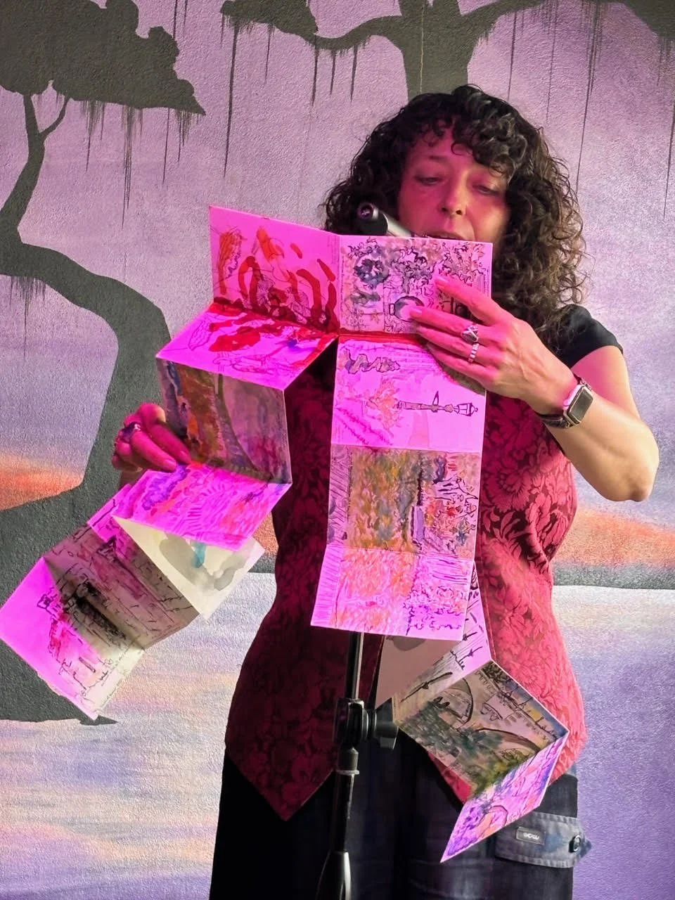 Jen Scappettone reading from an accordion book