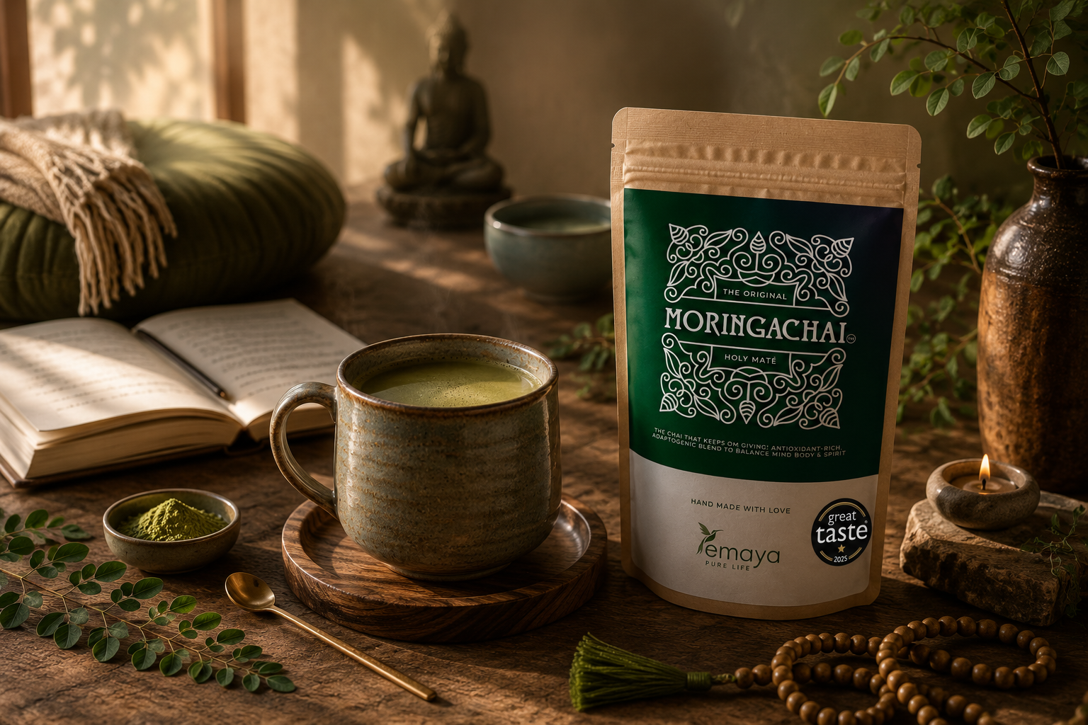 A cozy scene with a ceramic mug filled with a green beverage, a small bowl of matcha powder, a package of Moringacha tea, an open book, a small bowl, a fork, a green cushion with a blanket, a Buddha statue, plants, a candle, and decorative beads on a wooden table.
