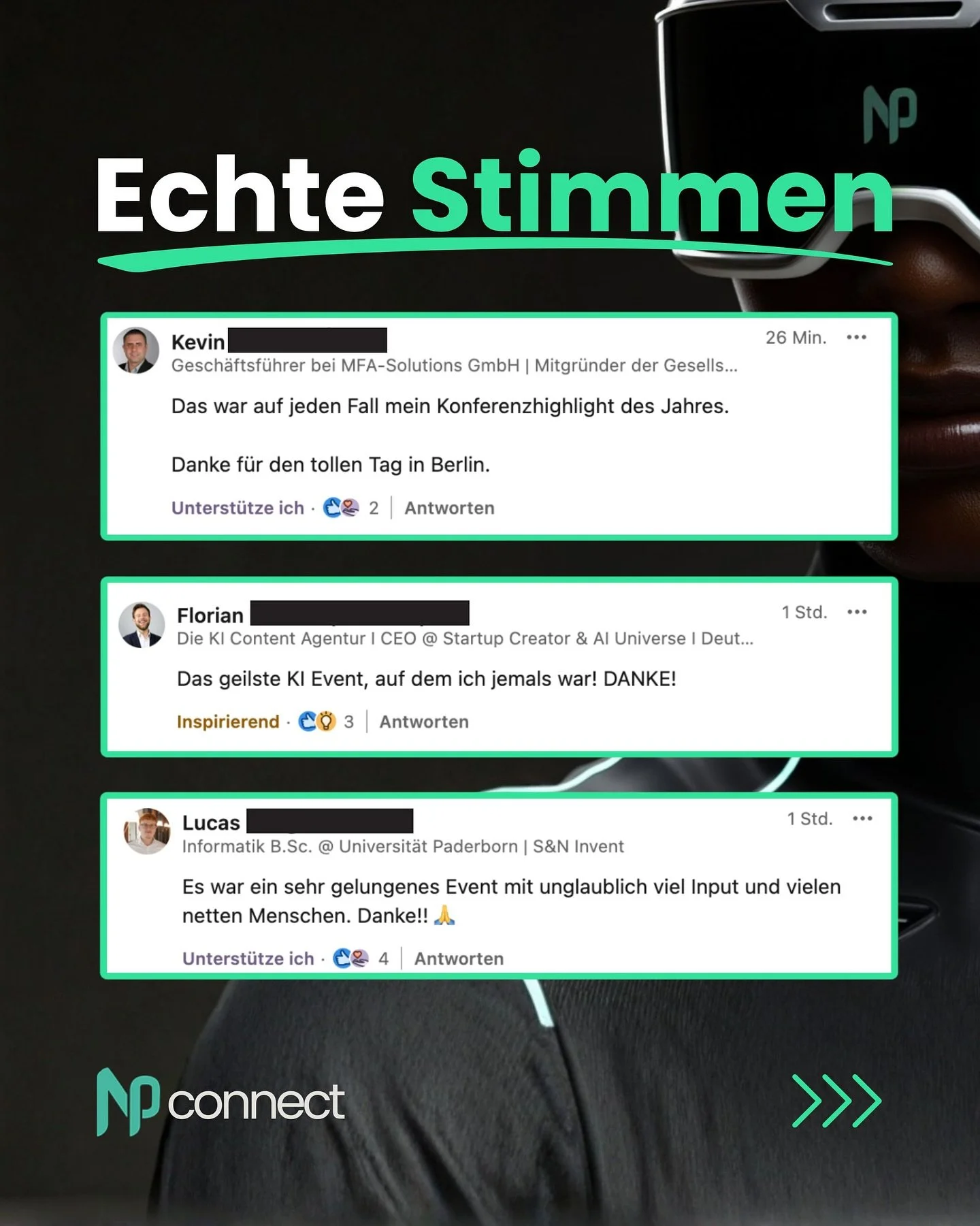 Die Connect war ein voller Erfolg &ndash; auch, wenn ihre Umsetzung eine echte Herausforderung f&uuml;r uns war.

Wenn wir solche Nachrichten von euch lesen, wissen wir aber direkt wieder, wof&uuml;r wir das alles machen. 💚

Nicht wegen der Vortr&au