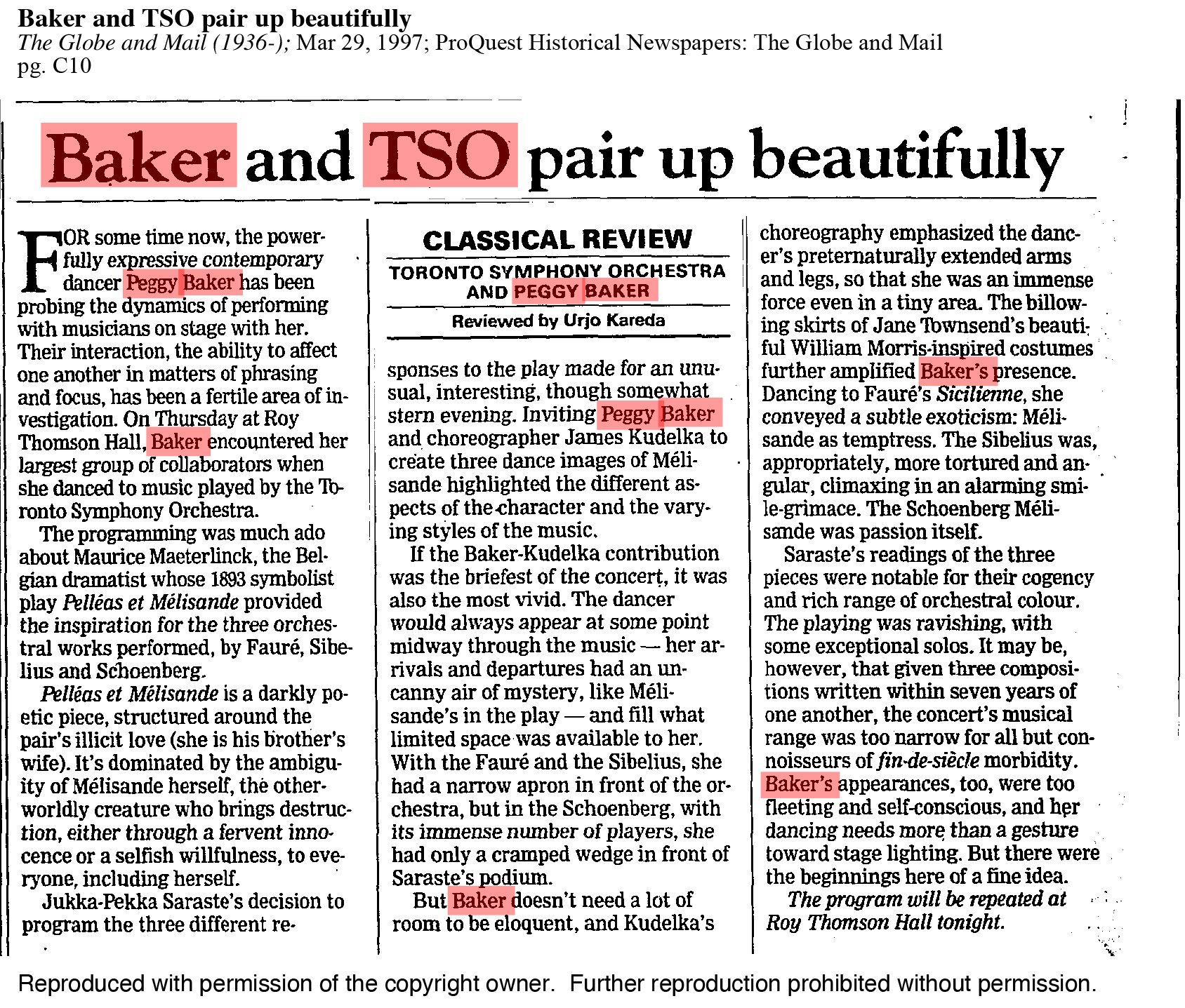 Baker and TSO pair up beautifully by Urjo Kareda, reproduced with permission.