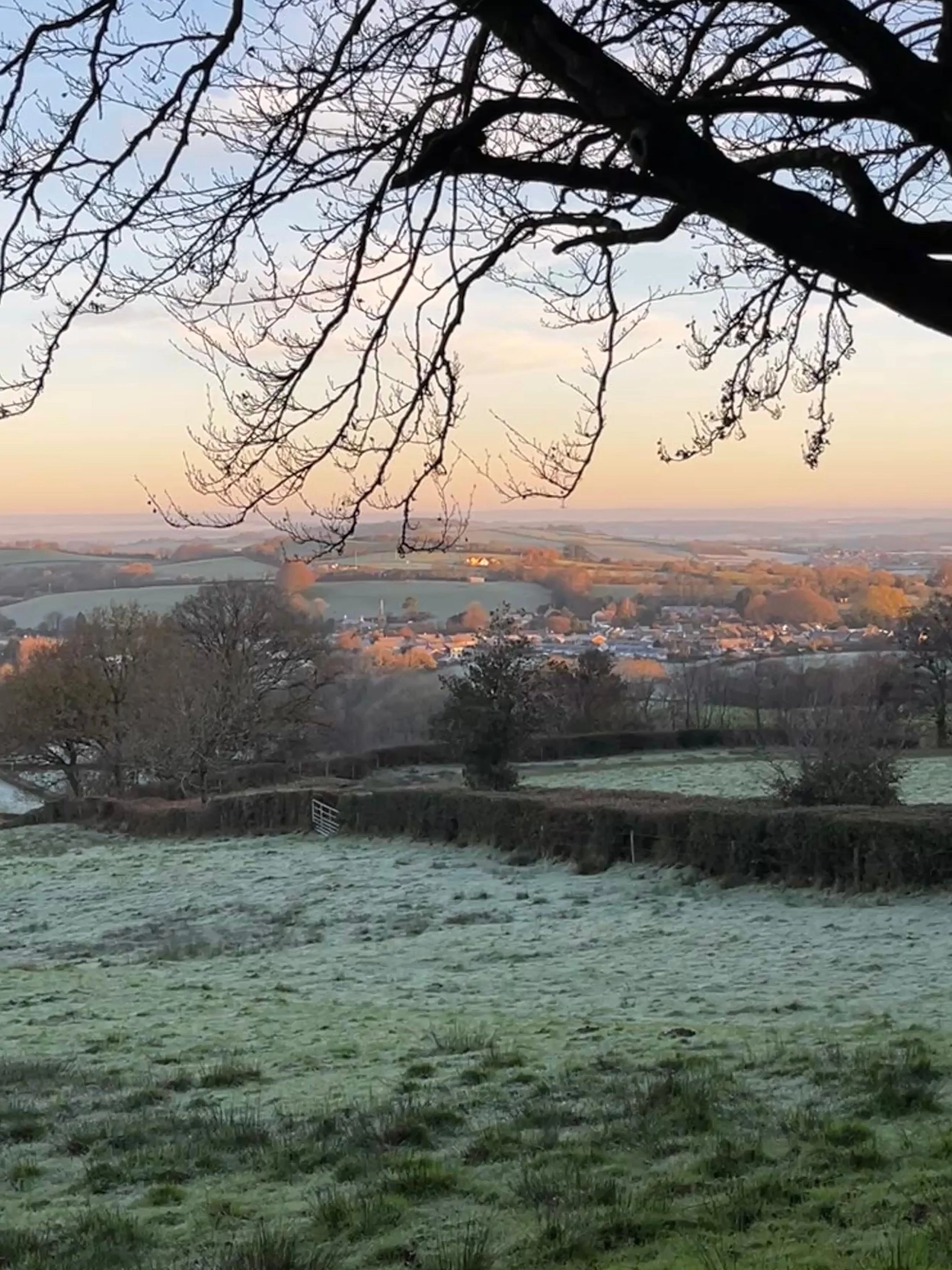view of Broadwindsor from lewesdon hill in the frosty winter