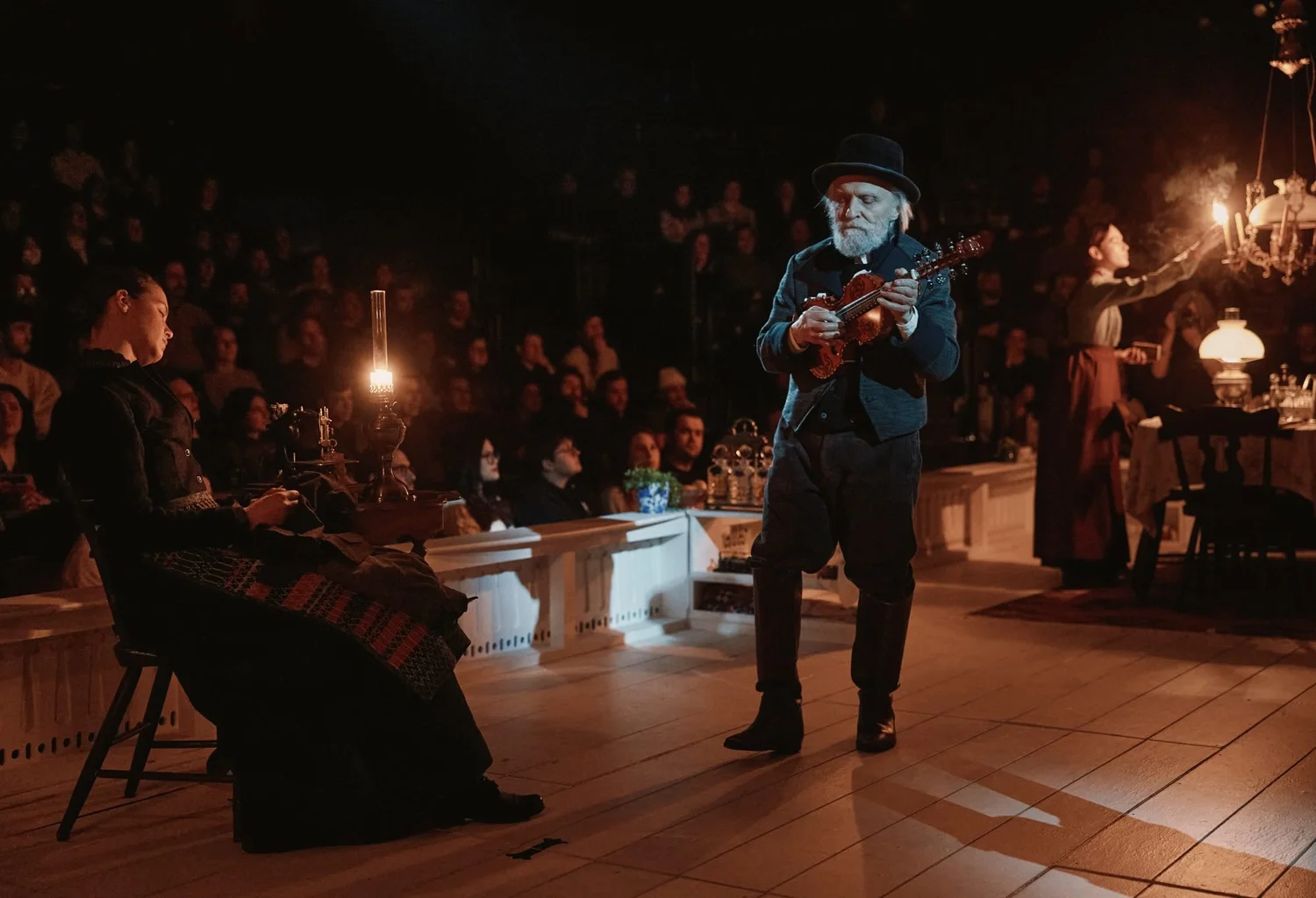 Katie Broad, David Patrick Kelly and Victoria Pedretti in An Enemy of the People