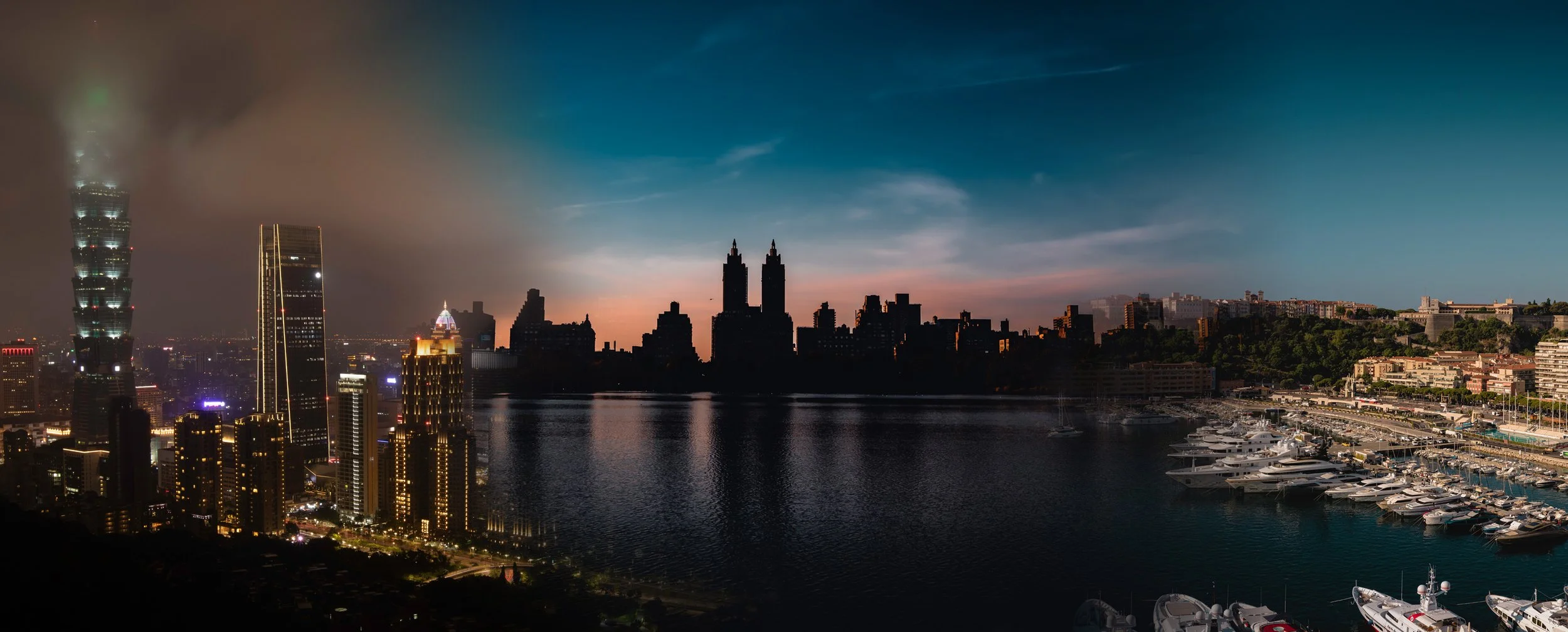 A photo of 3 different city blending into one new panorama