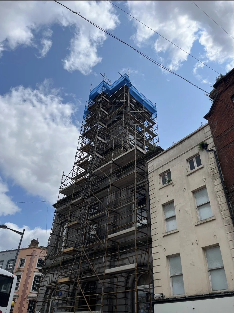 Weather netting and tower scaffold at the Tholsel restoration project in Drogheda