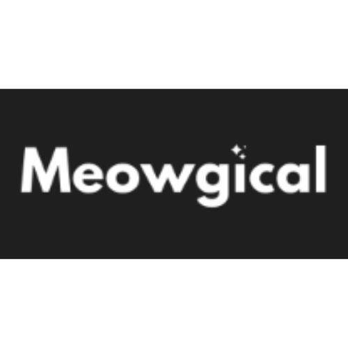 Logo avec le mot 'Meowgical' en blanc sur fond noir, avec un symbole de fantaisie représentant une étoile ou une étincelle au-dessus du 'i'.