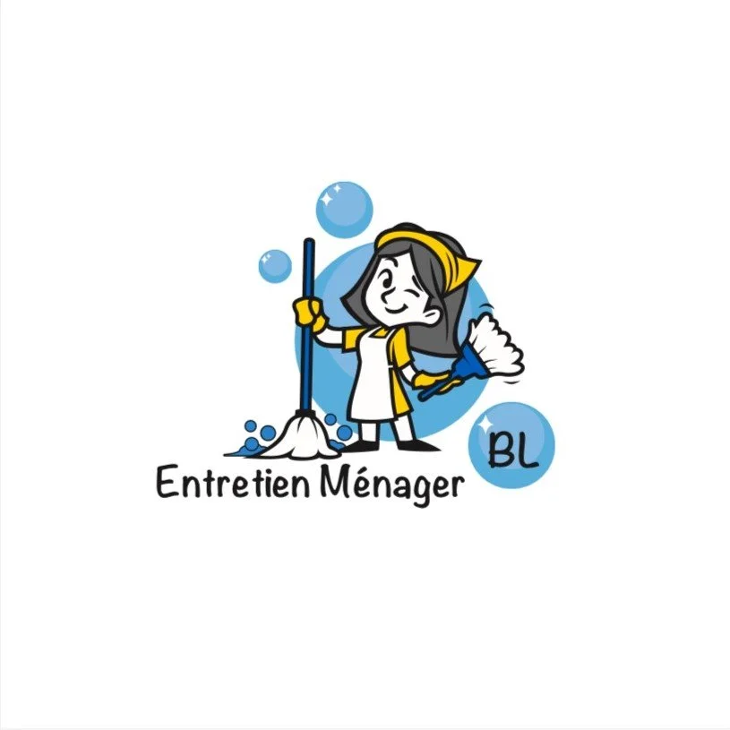 Logo d'une femme de ménage souriante avec un balai, entourée de bulles bleues, avec le texte "Entretien Ménager" en dessous.