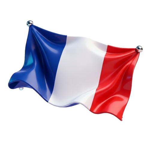 Drapeau français en tissu flottant, avec les couleurs bleu, blanc et rouge, fixé sur des broches métalliques.