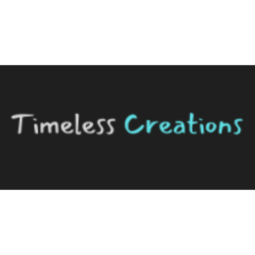 Logo avec le texte "Timeless Creations" sur fond noir, avec "Timeless" en gris et "Creations" en bleu.