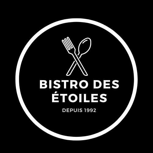 Logo circulaire noir et blanc avec une fourchette et une cuillère croisée, texte 'BISTRO DES ÉTOILES DEPUIS 1992'