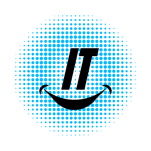 Un logo souriant avec un cercle de points bleus et la mention "IT" intégrée dans un visage souriant.