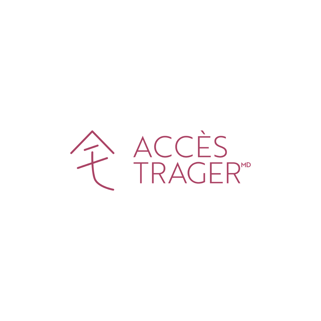 Logo avec dessin stylisé d'une maison et texte 'Accès Trager MD' en violet.