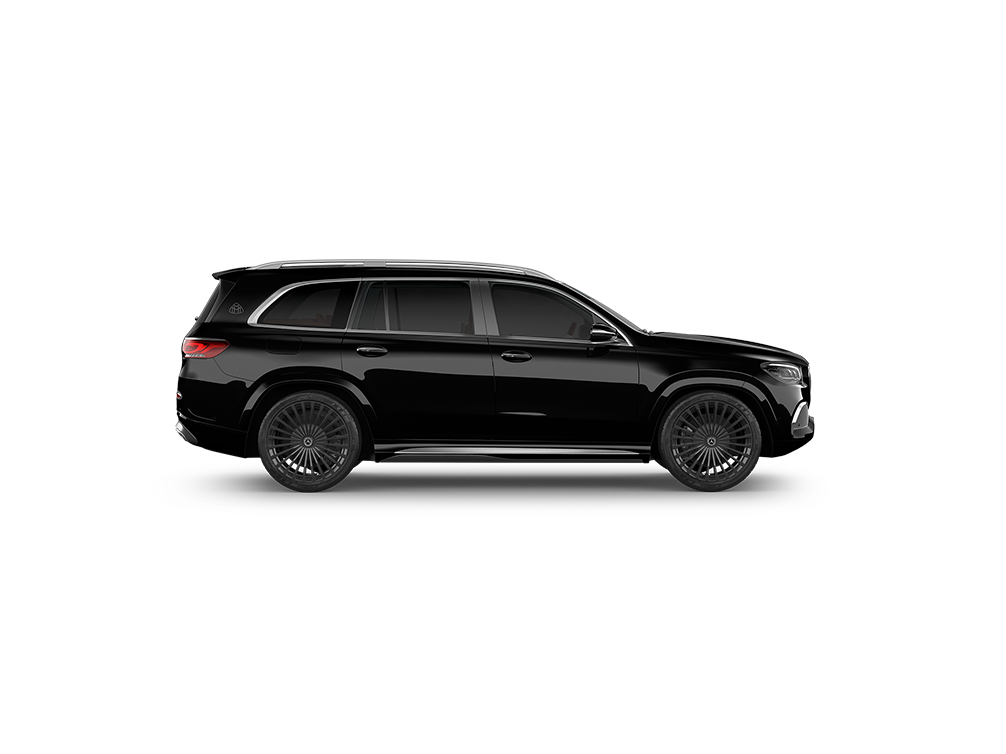 Side view of a sleek black SUV with tinted windows, black wheels, and silver accents.
