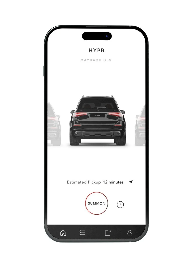 Smartphone app screen showing a vehicle sharing service, with a black SUV in the center and two additional cars faded in the background. The app displays the estimated pickup time of 12 minutes and has options labeled "SUMMON" and a clock icon.