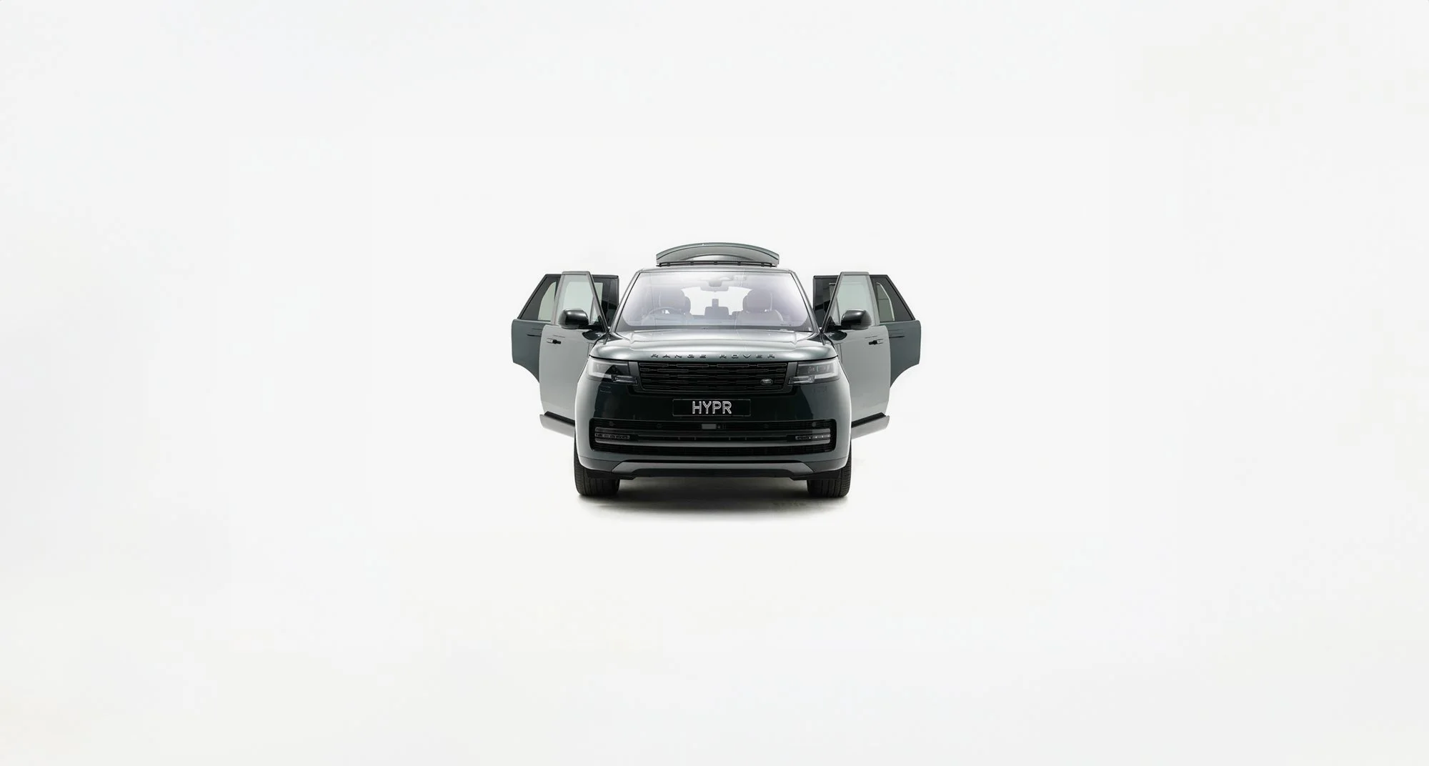 A black Land Rover Hyper SUV with open doors, front view, against a plain white background.