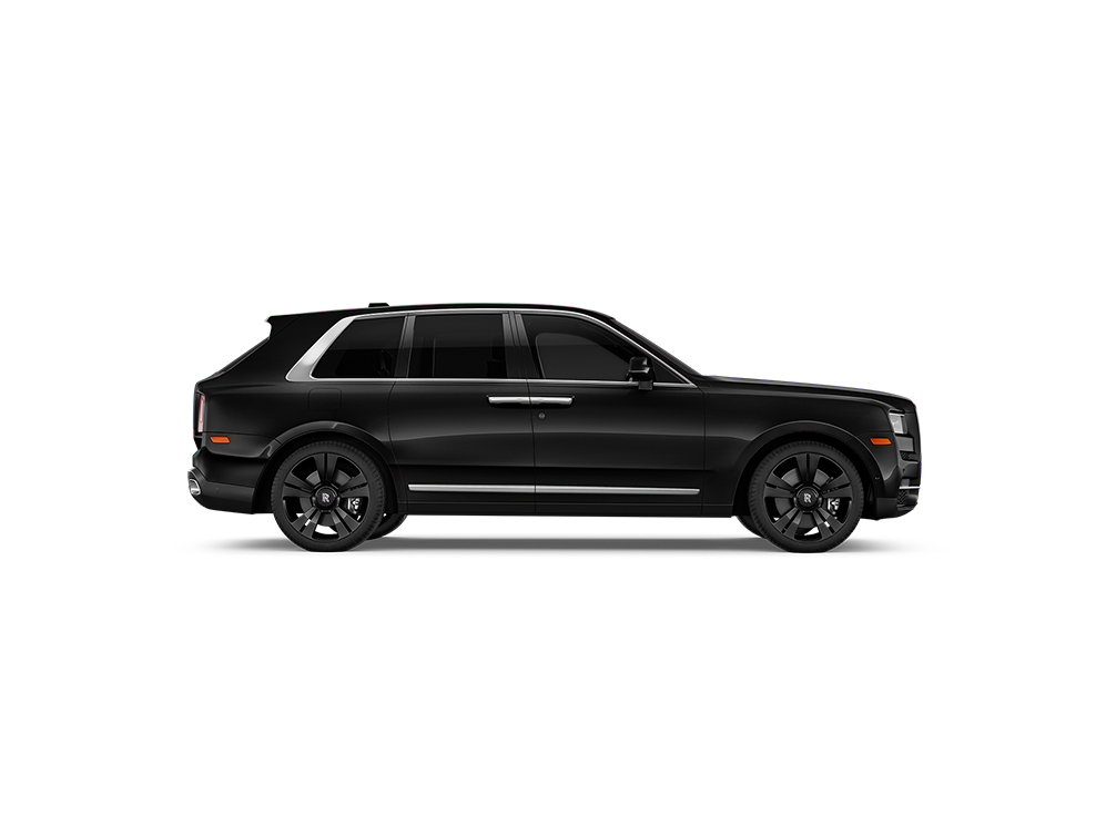Black luxury SUV with dark tinted windows and black wheels, side view, against a blurred colorful background.