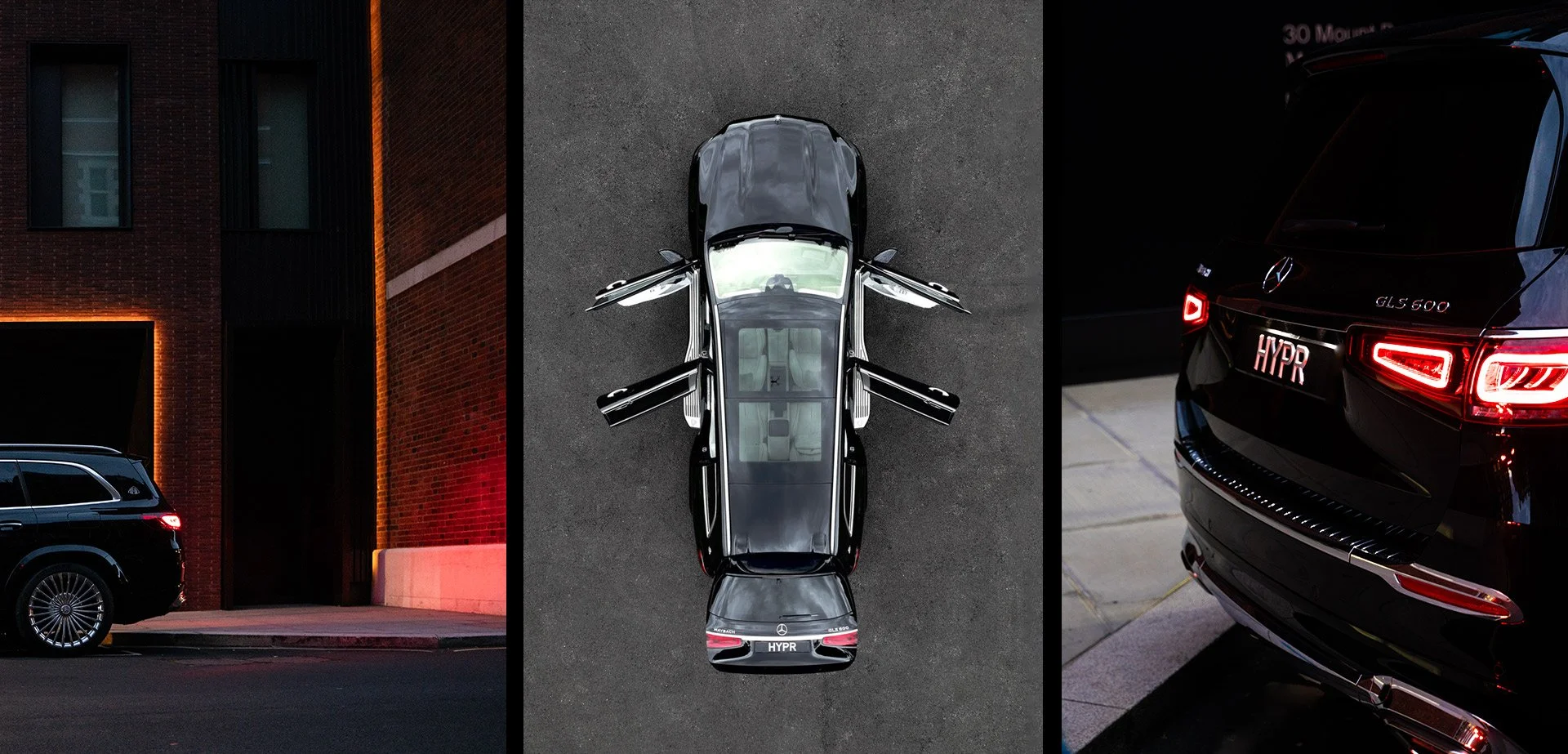 A black Mercedes-Benz GLS 600 SUV with open doors, parked on a dark street at night, with exterior lighting on the building in the background.