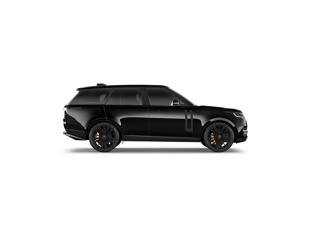 A sleek black SUV with tinted windows and black wheels, parked against a dark background.