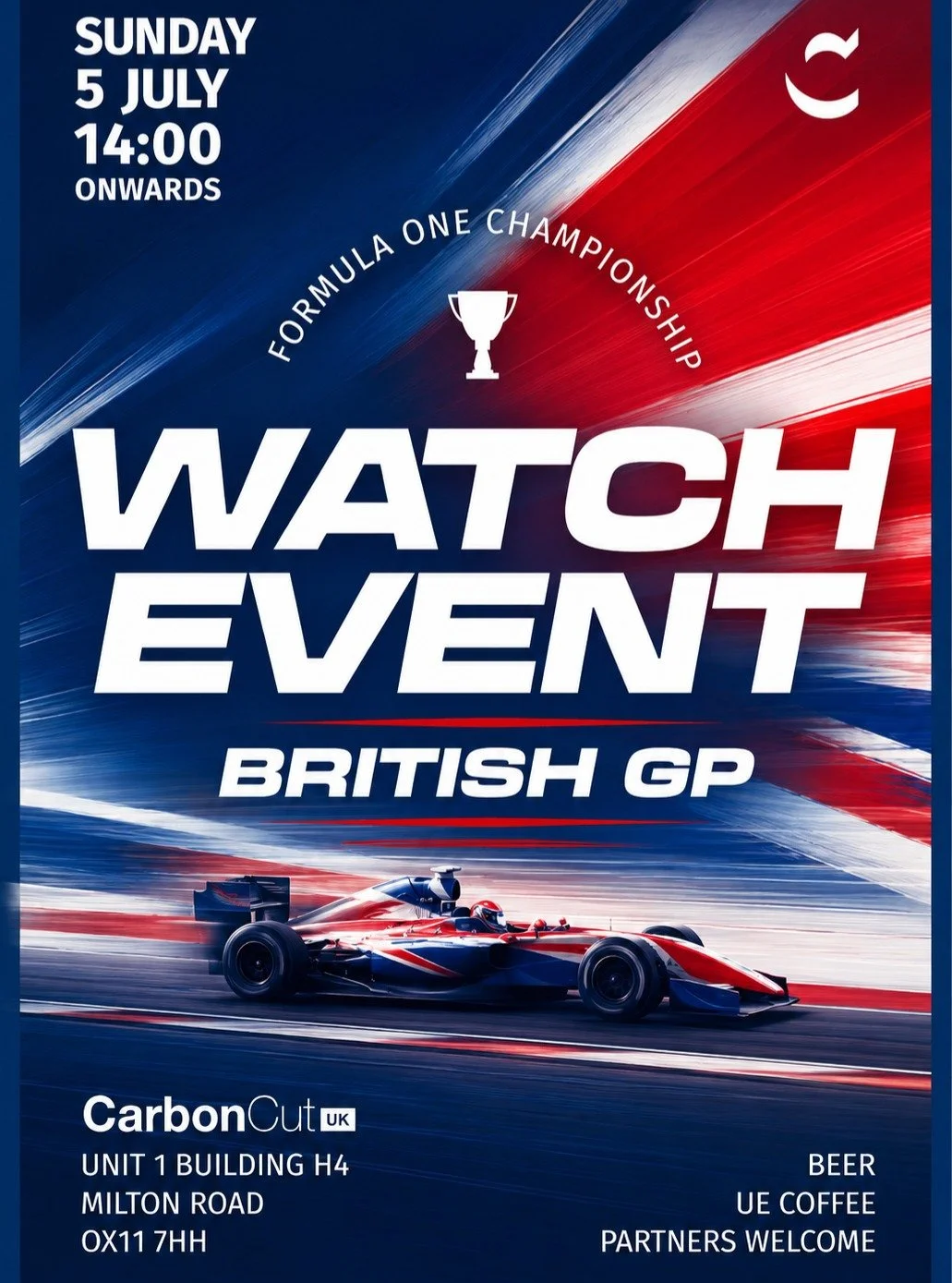 We're hosting a screening of the Formula One British Grand Prix at CarbonCutUK on Sunday 5th July from 2:00pm onwards, and we'd love to see you there!

Come along for an afternoon of racing, drinks, great coffee from UE Coffee Roasters, some very coo