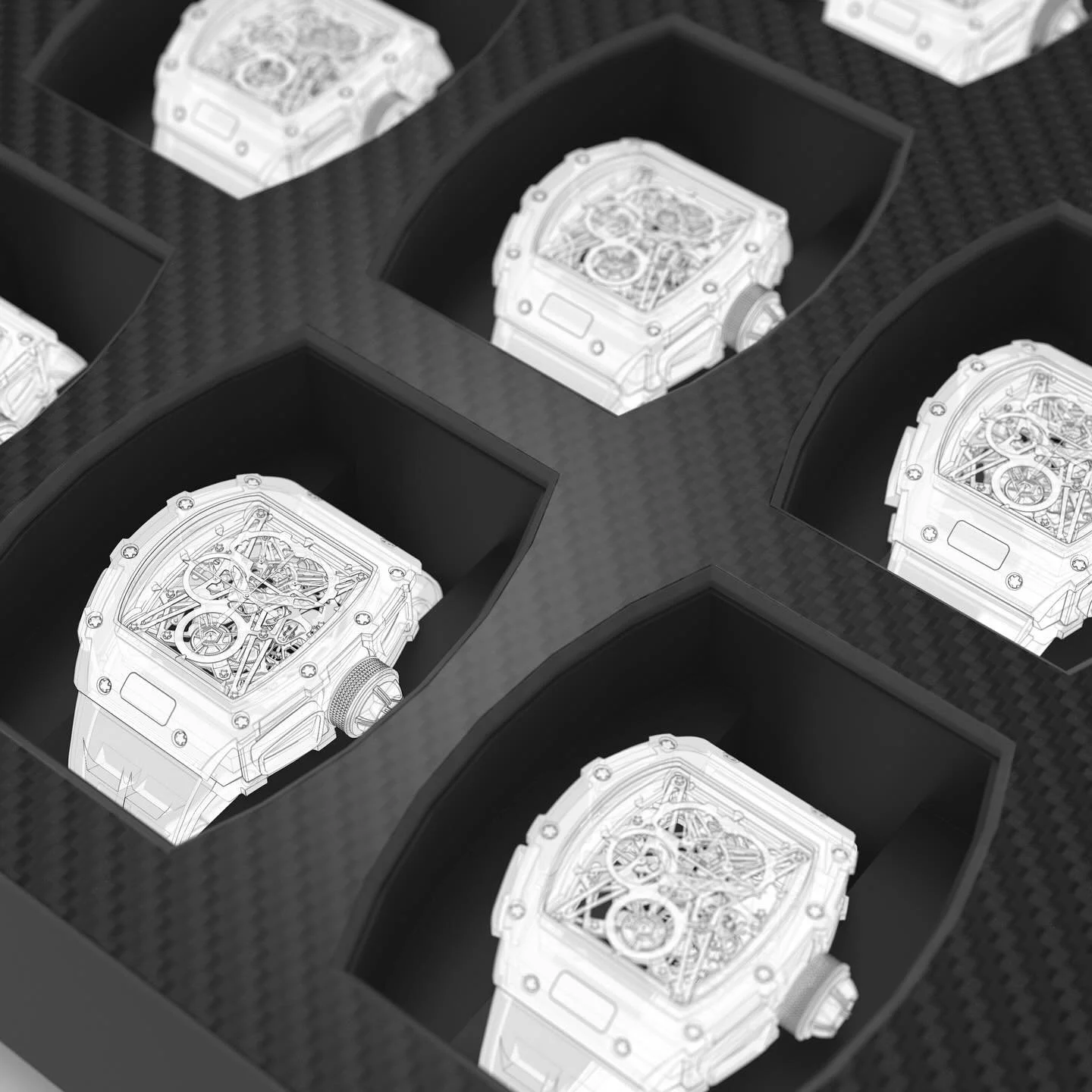Design development renderings for the Richard Mille - Maison Goyard cases. #designengineering
#LuxuryCraftsmanship #BespokeDesign #WatchDisplay #CarbonFibre #CarbonCutUK #RichardMille #Goyard