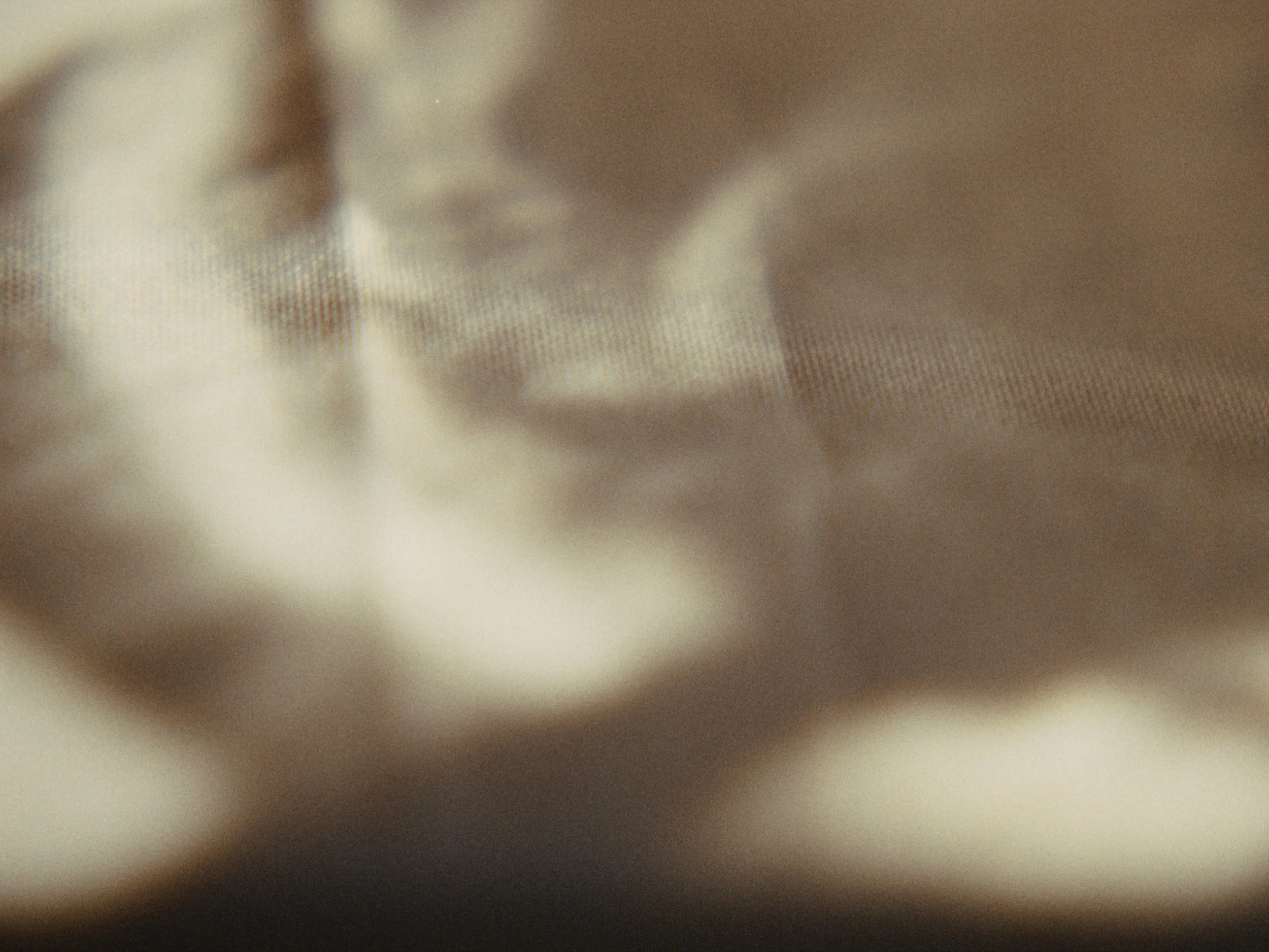 Close-up of blurry and pixelated brown and white fabric with indistinct shapes.