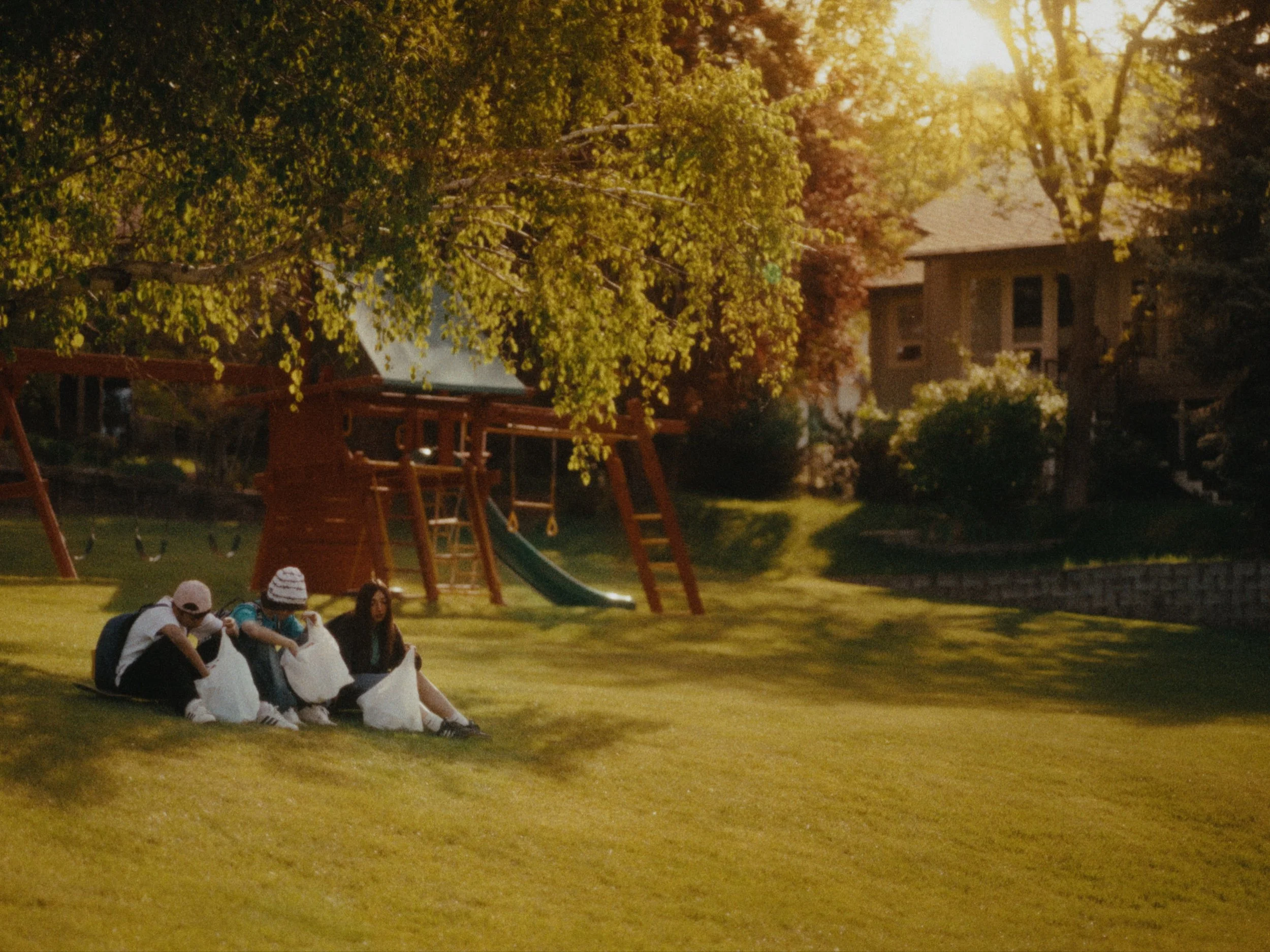 Children playing on a duck-shaped seesaw in a park during sunset with trees and houses in the background.