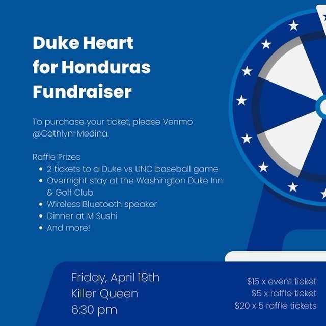 💙Show a little love for Duke Hearts for Honduras Fundraising gathering&hearts;️April 19th @ 6:30 prizes 🍷 Killer Queen Malbec 50% off proceeds donated 🍷Great  Conversation