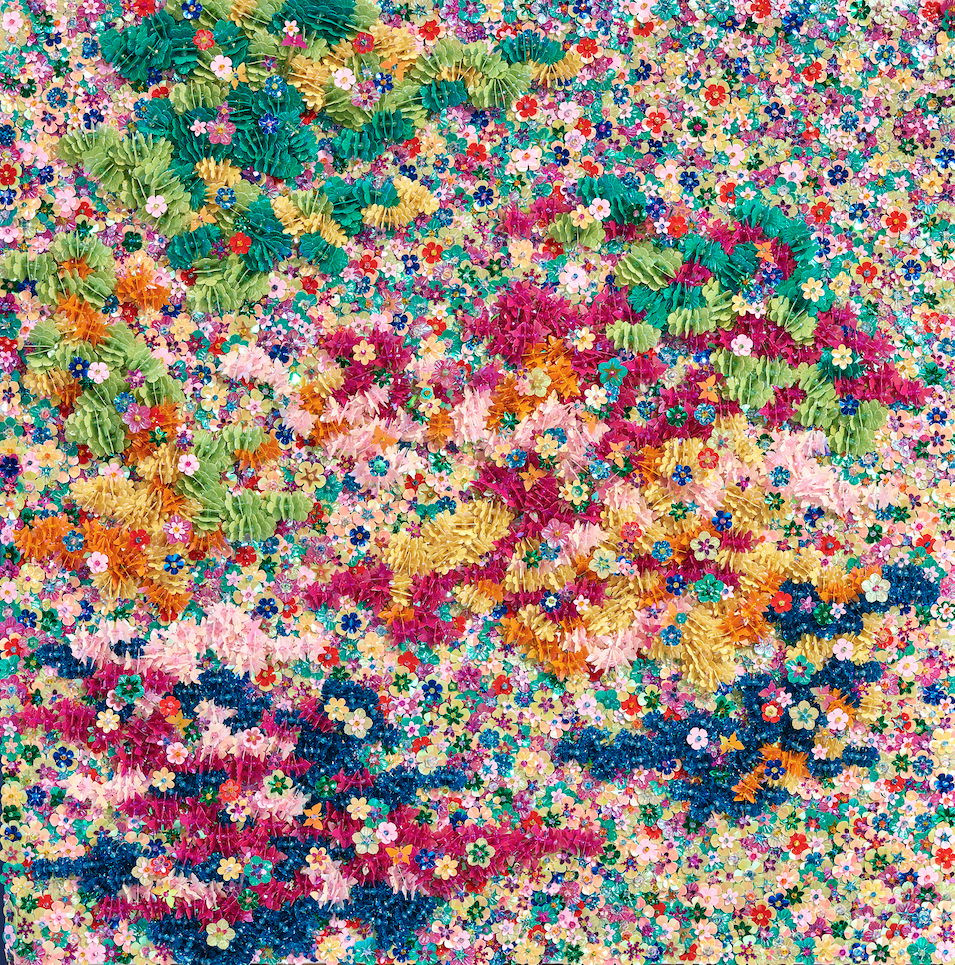 Many contradictory flowers (Muôn hoa nghịch sắc), 2025, embellishment on canvas, 60 x 60 cm