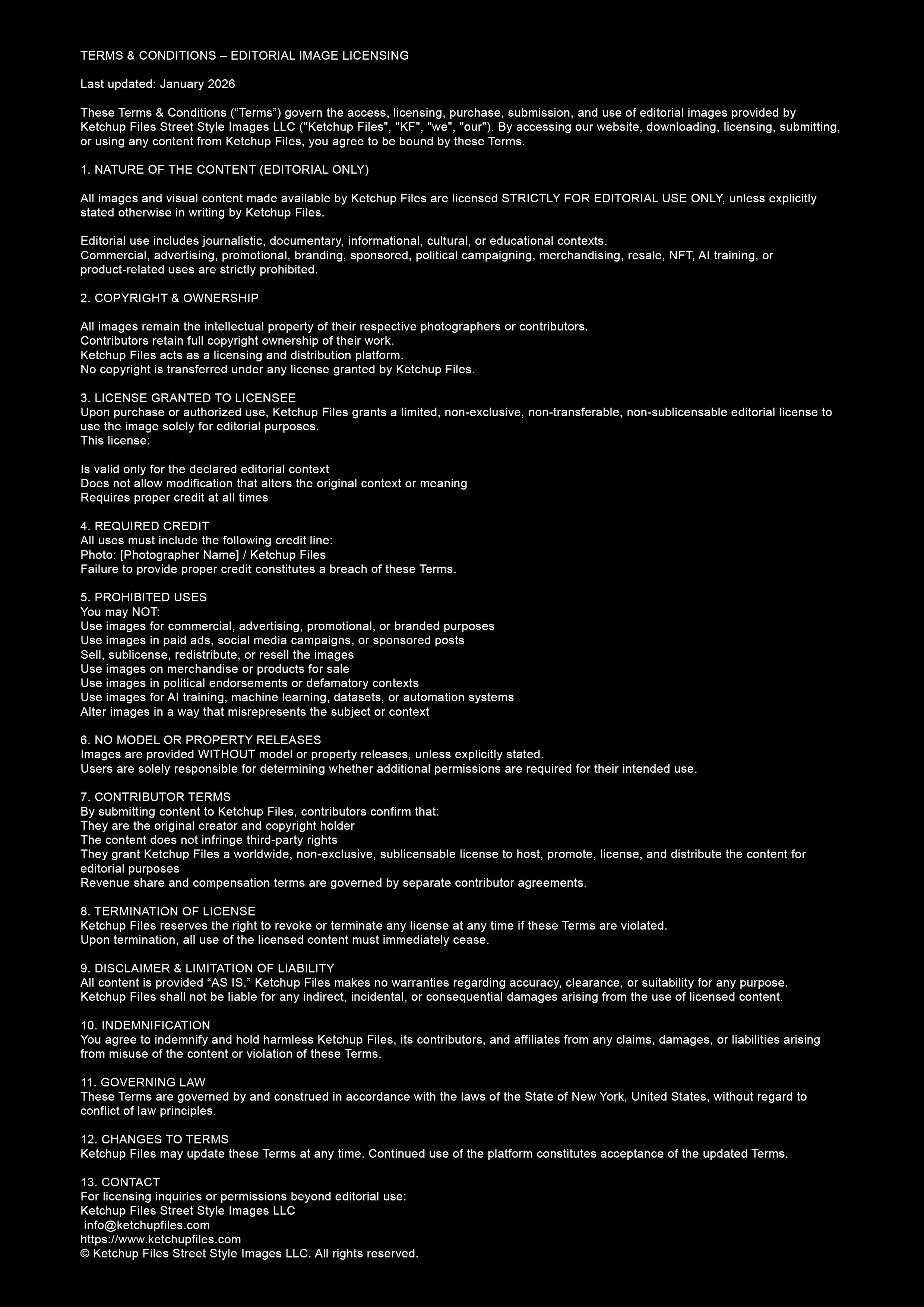 Ketchup Files Street Style Images LLC Terms and Conditions document with copyright and licensing information.