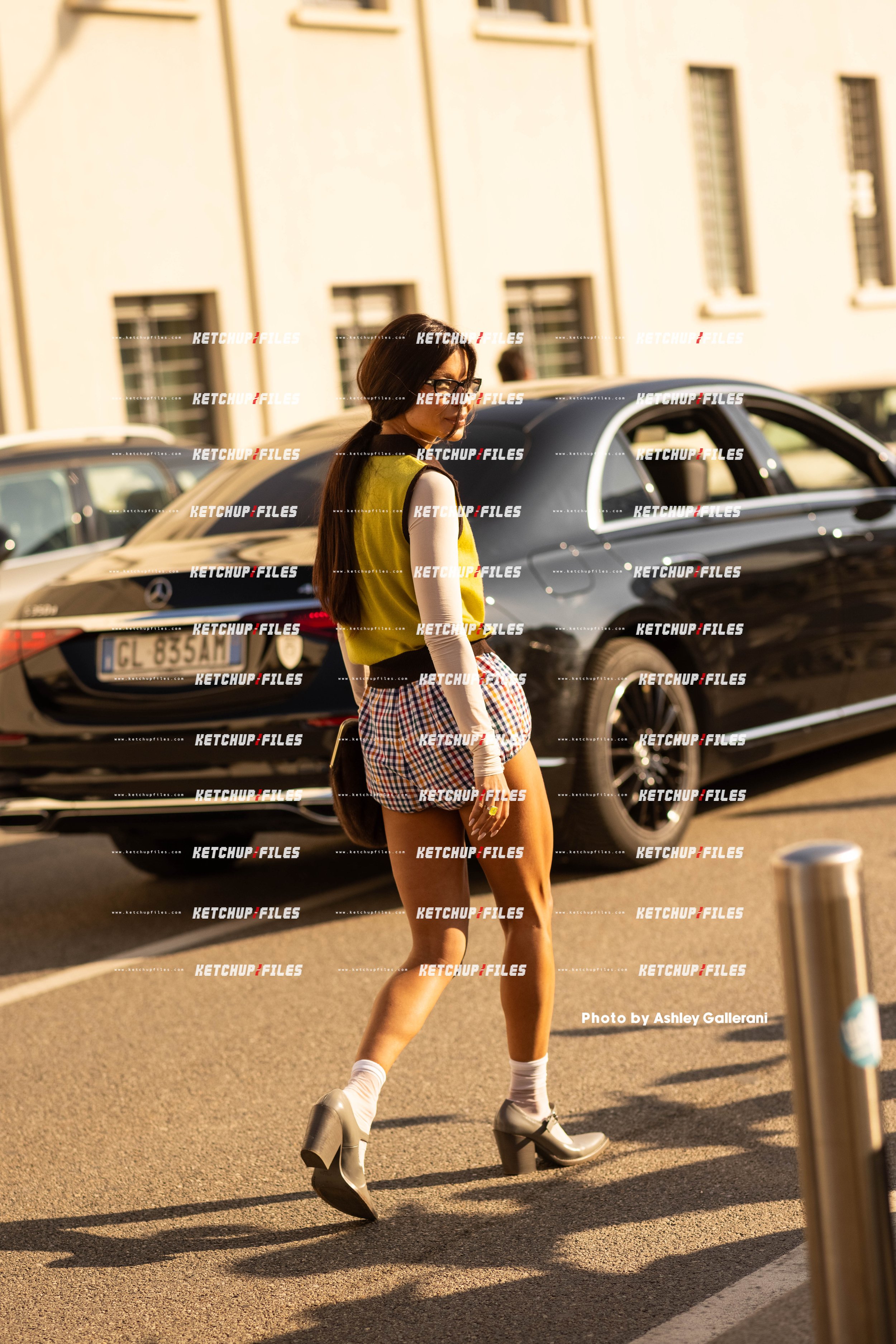 Street Style Photo of Lina Dembikova at the Prada FW26 Milan Fashion Week Show