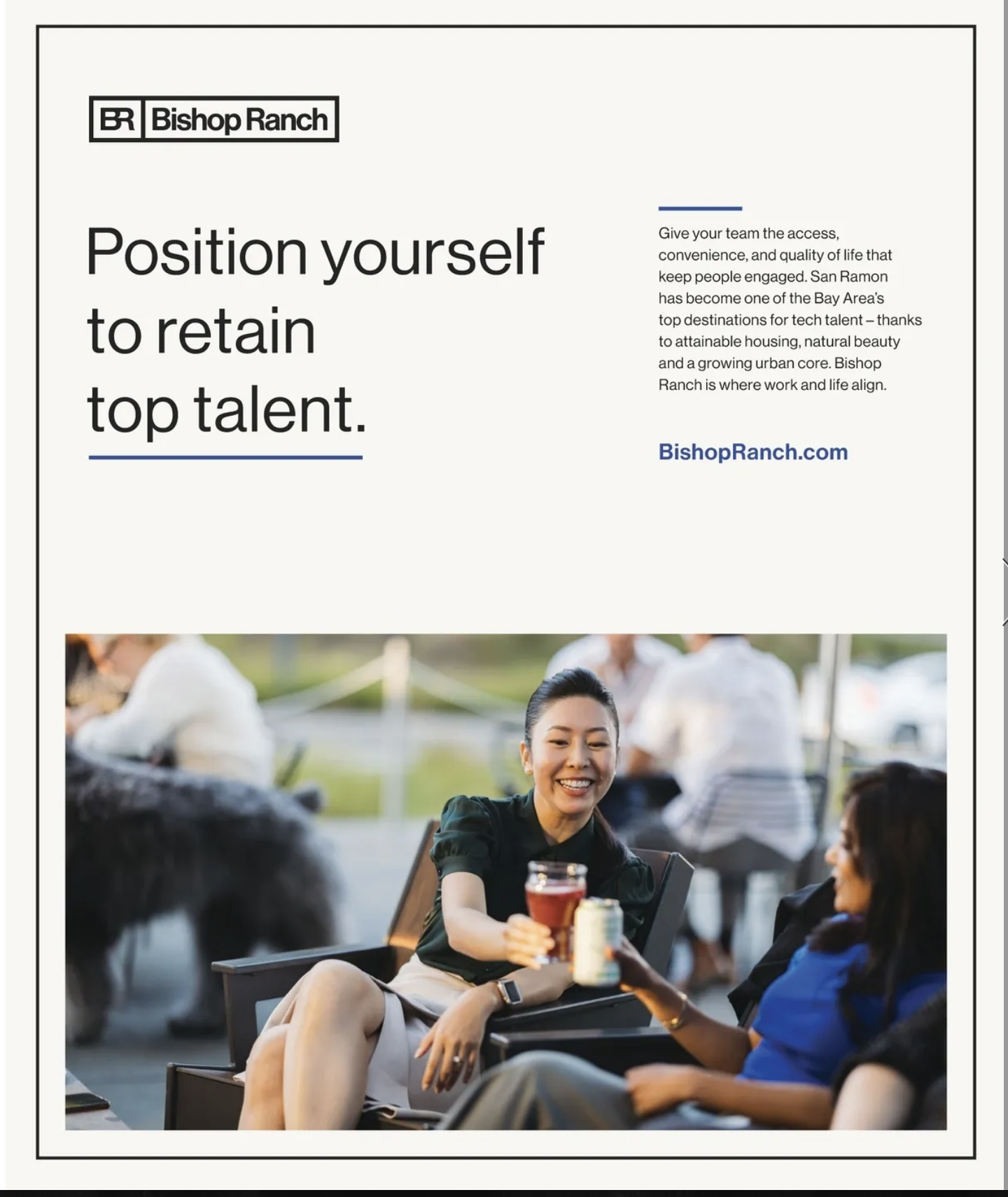 A promotional flyer for Bishop Ranch featuring a woman smiling and enjoying a drink outdoors, with other people in the background.