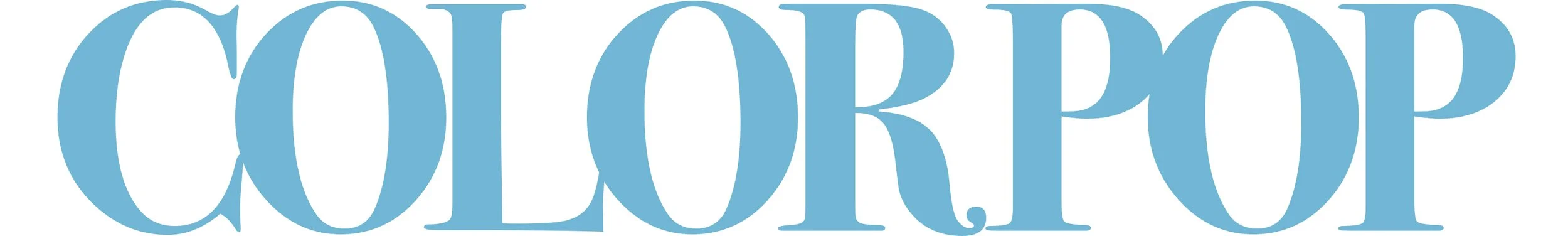 A close-up view of the word 'COLORPOP' written in large, light blue, stylized uppercase letters on a white background.