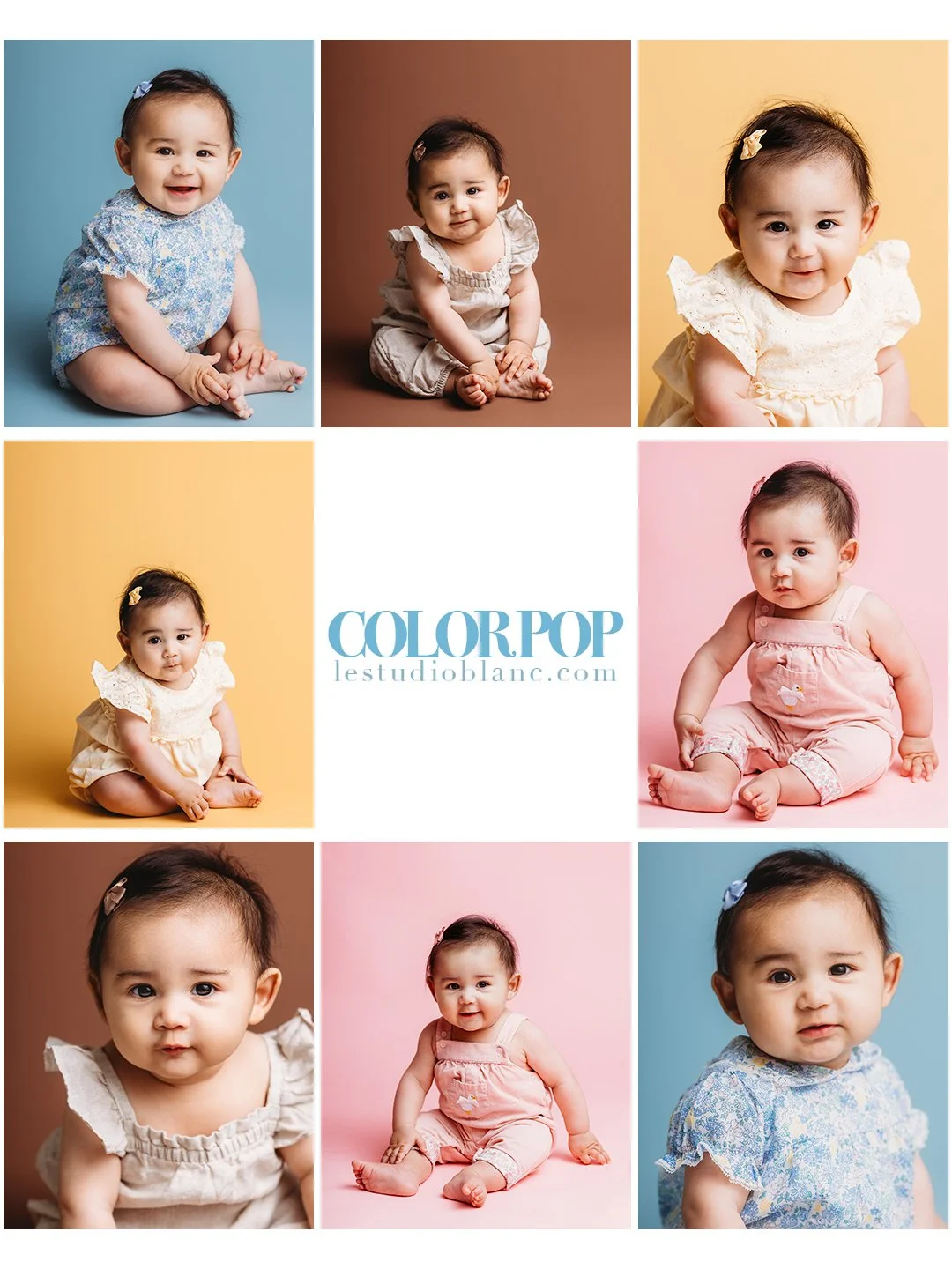 Collage of nine photos of a baby girl with dark hair and light skin, wearing different pastel-colored outfits and posed against colorful backgrounds, with the text "COLORPOP le studioblanc.com" in the center.