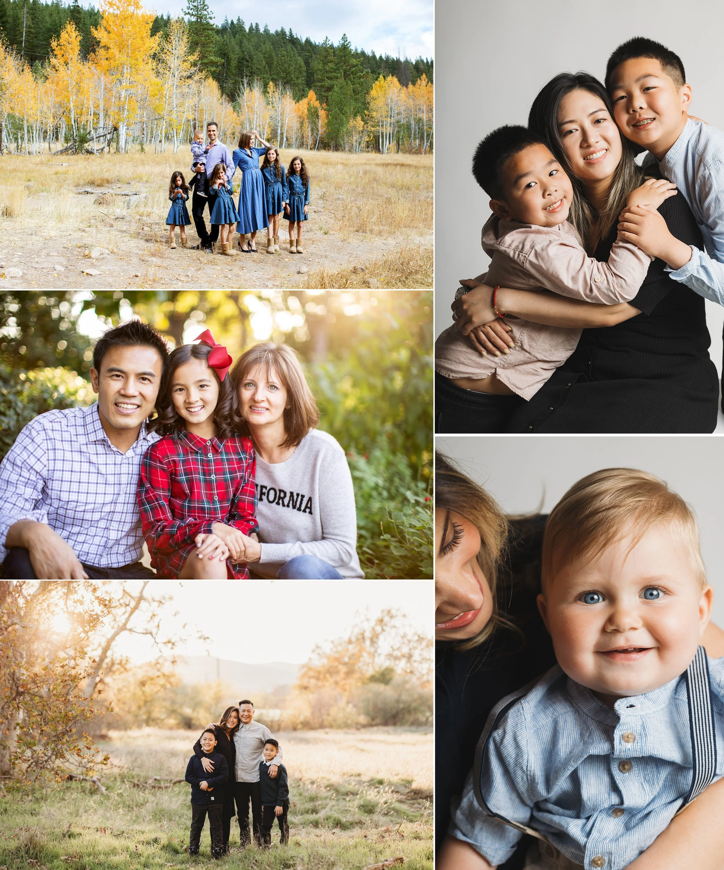 A collage of family photos: top left shows a family of seven in blue dresses and shirts outdoors with fall foliage. Top right has a woman hugging two children against a plain background. Center left features a couple and a girl with a red bow in their hair outdoors. Bottom left depicts three family members smiling in a field during sunset. Bottom right shows a close-up of a smiling baby with blue eyes, with a woman next to him.