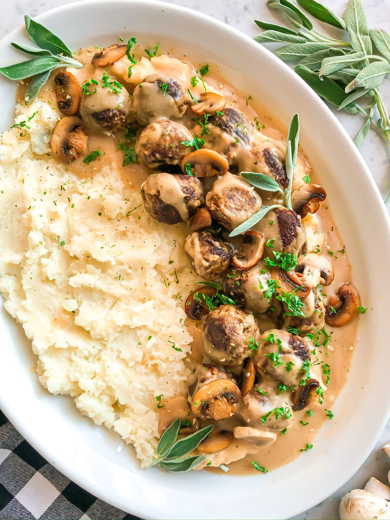 Vegan Meatballs and Mashed Potatoes with Mushroom Gravy