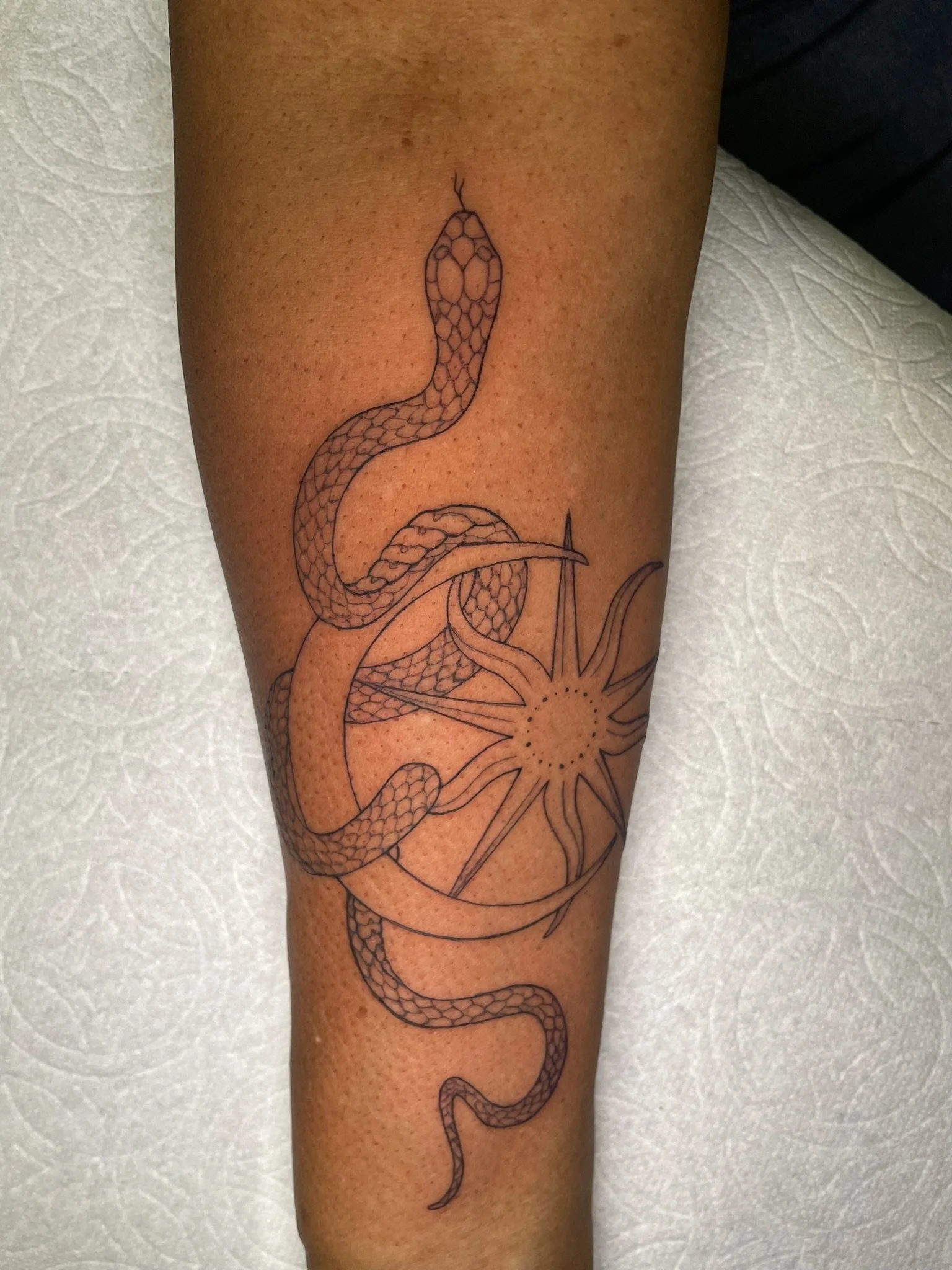 A snake, moon, and sun, all made in delicate linework with no shading