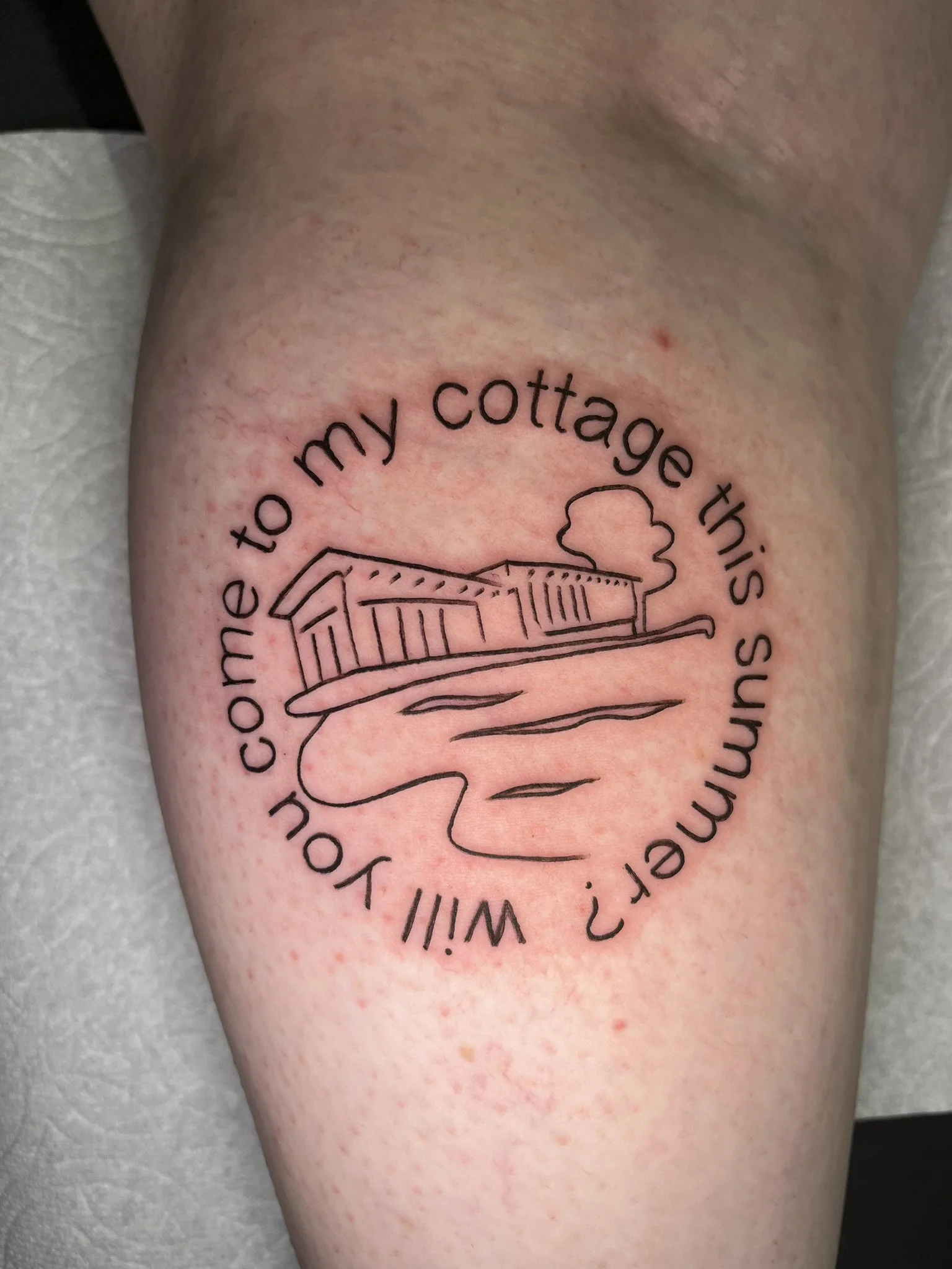 "Will you come to my cottage this summer?" in a circle around a line art resembling a house on the lake