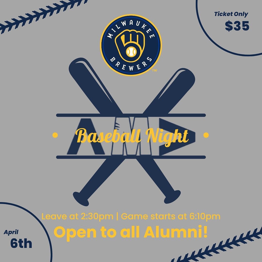 Attention AMAers!⚾️

We still have tickets available for our Brewers social next weekend April 6th! We&rsquo;ll meet in the circle drive in front of Lubar and all take a bus to the field and tailgate before the game!

Tickets are open to all our Alum