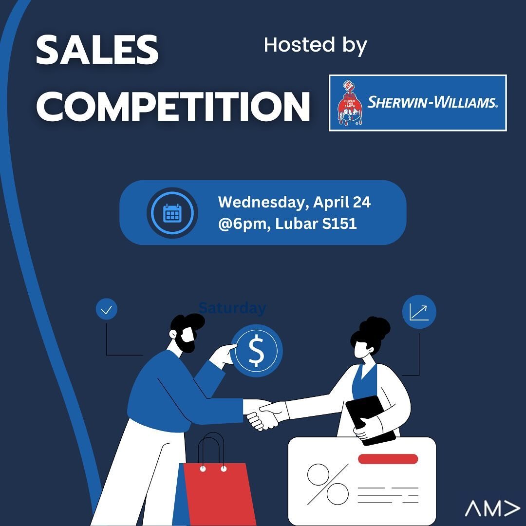 Happy Tuesday AMAers😁😁

Want to touch up on your selling skills? Join us tomorrow at 6pm and compete in our mock sales pitch competition with Sherwin Williams! This is a great way to harness your selling skills and boost your resume 📈📈

Sign up u