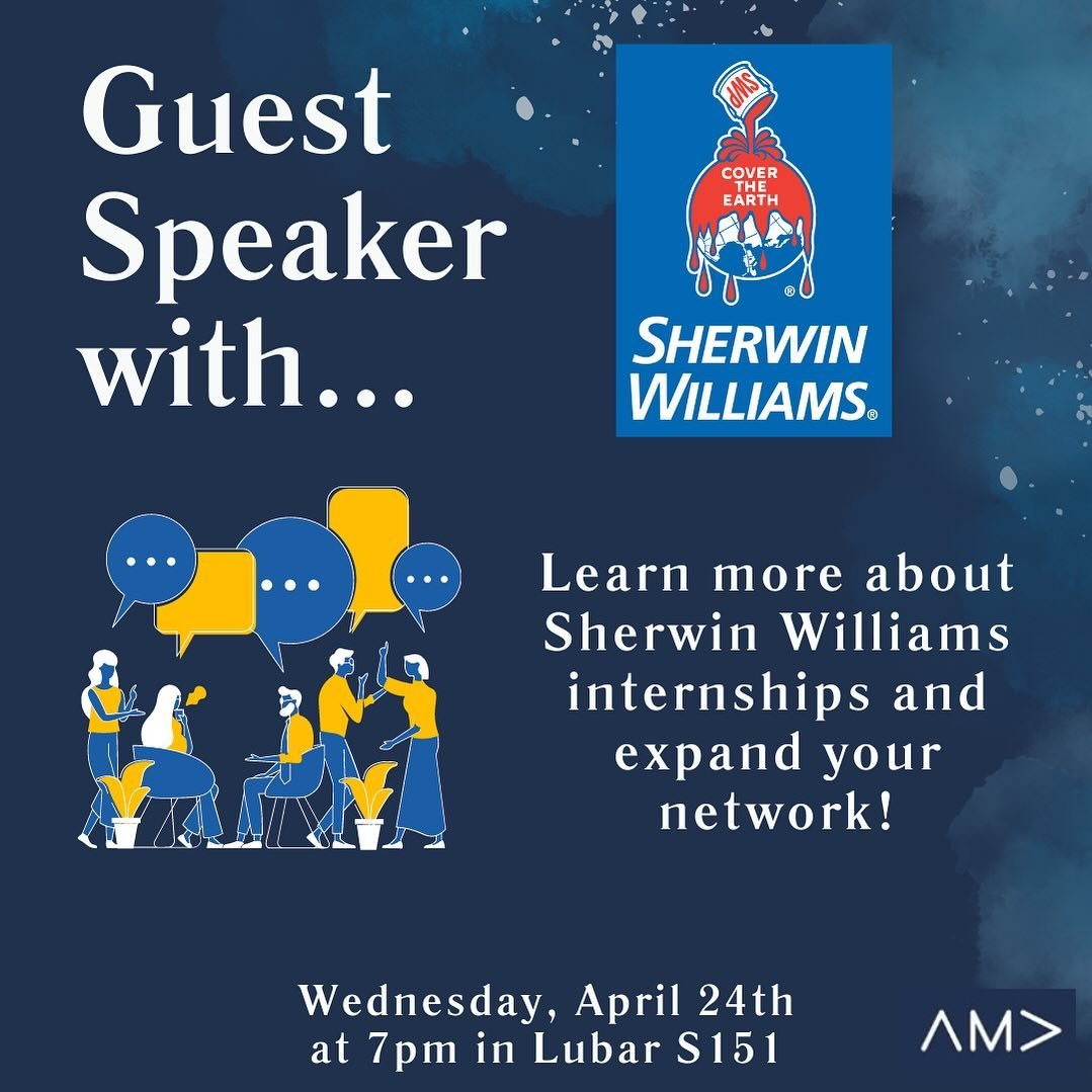 Happy Wednesday AMAers ✨

Looking to expand your network and learn about internship opportunities!? Then come to Lubar tonight at 7 for our meeting with Sherwin Williams! 

Can&rsquo;t wait to see you all there! 💫
