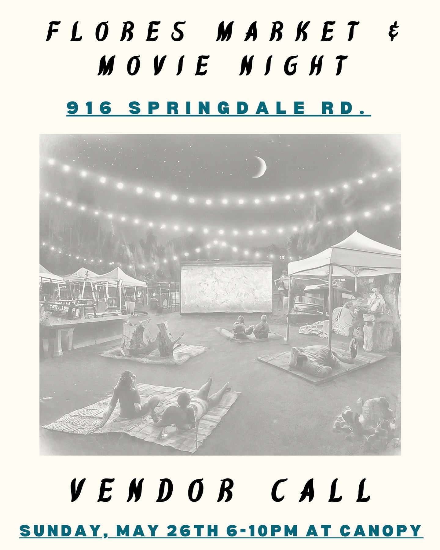 VENDOR CALL! ❤️ The last of Spring before we take a break for the summer ☀️ Link in bio to apply.

Sliding Scale Vendor Fees, Free Bar, Music from @frederico7music and solo acts from @bidibidibanda - Mini Bidi Banda 🌹 MAY 26TH 6-10PM 🌙 Movie Night 