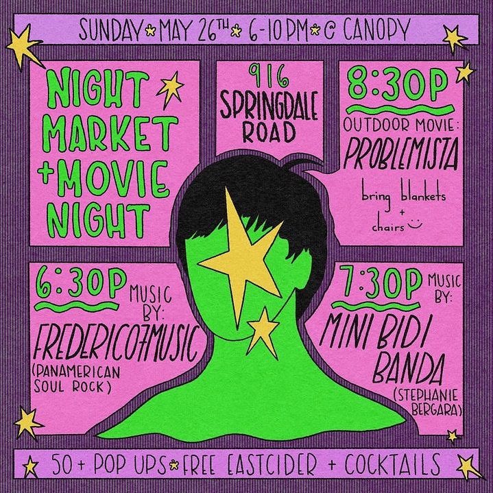 Market &amp; Movie Night @canopyaustin on May 26th from 6-10pm 🎥 Streaming Problemista at 8:30pm 🍿 Free live music from @frederico7music &amp; solo act, &ldquo;Mini Bidi Banda&rdquo; of @bidibidibanda 🎶 

The Vendor Application is open on our webs