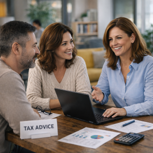 3D spherical graphic with text "tax & accounting" in the center, surrounded by green and gray circular elements.