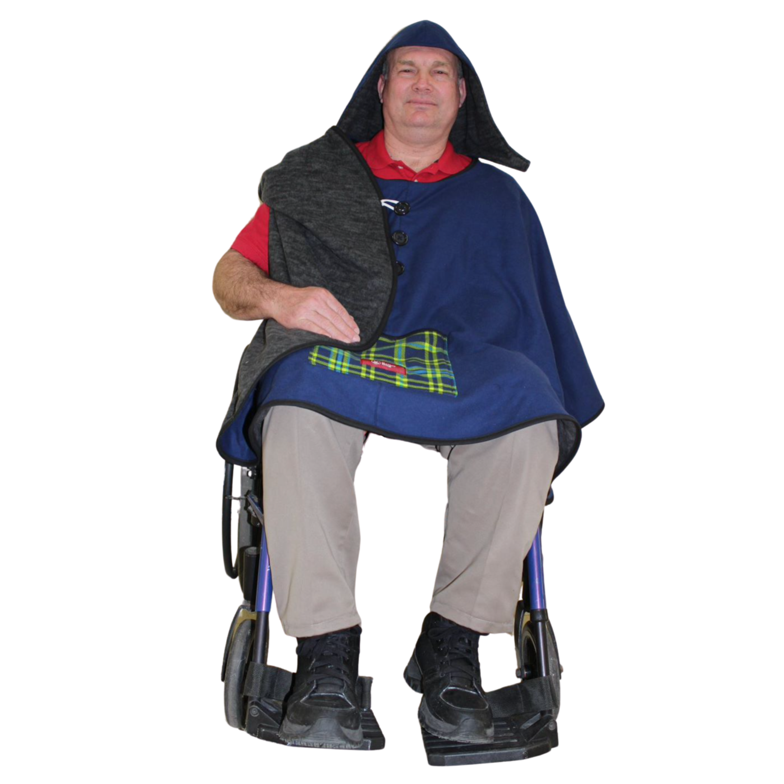 Navy Wheelchair Cape/ Plaid Pocket & Attachable Hood