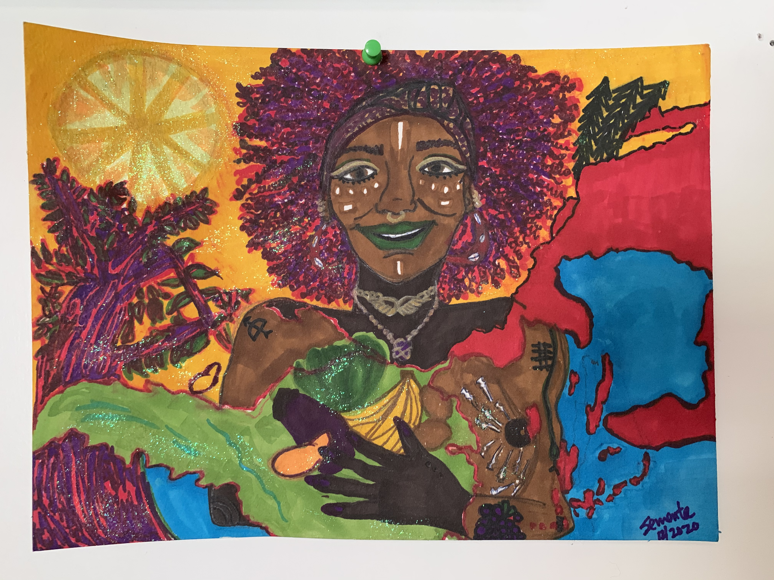 "Harvesting Joy," 2020, pen, pencil, marker, and glitter on paper.