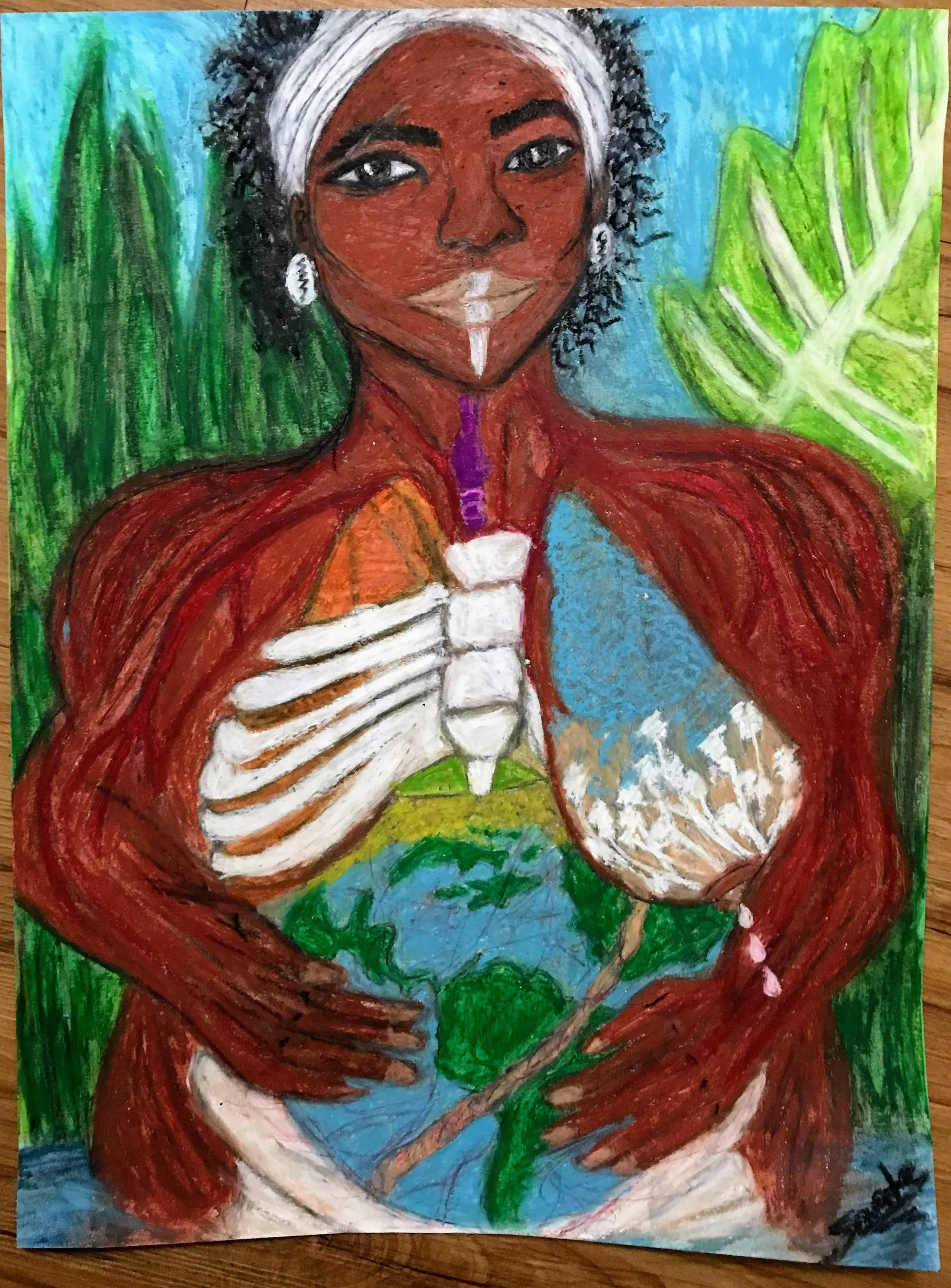 "We Too Are Flesh/La Madre de Latinidad," 2018, oil pastel on paper.