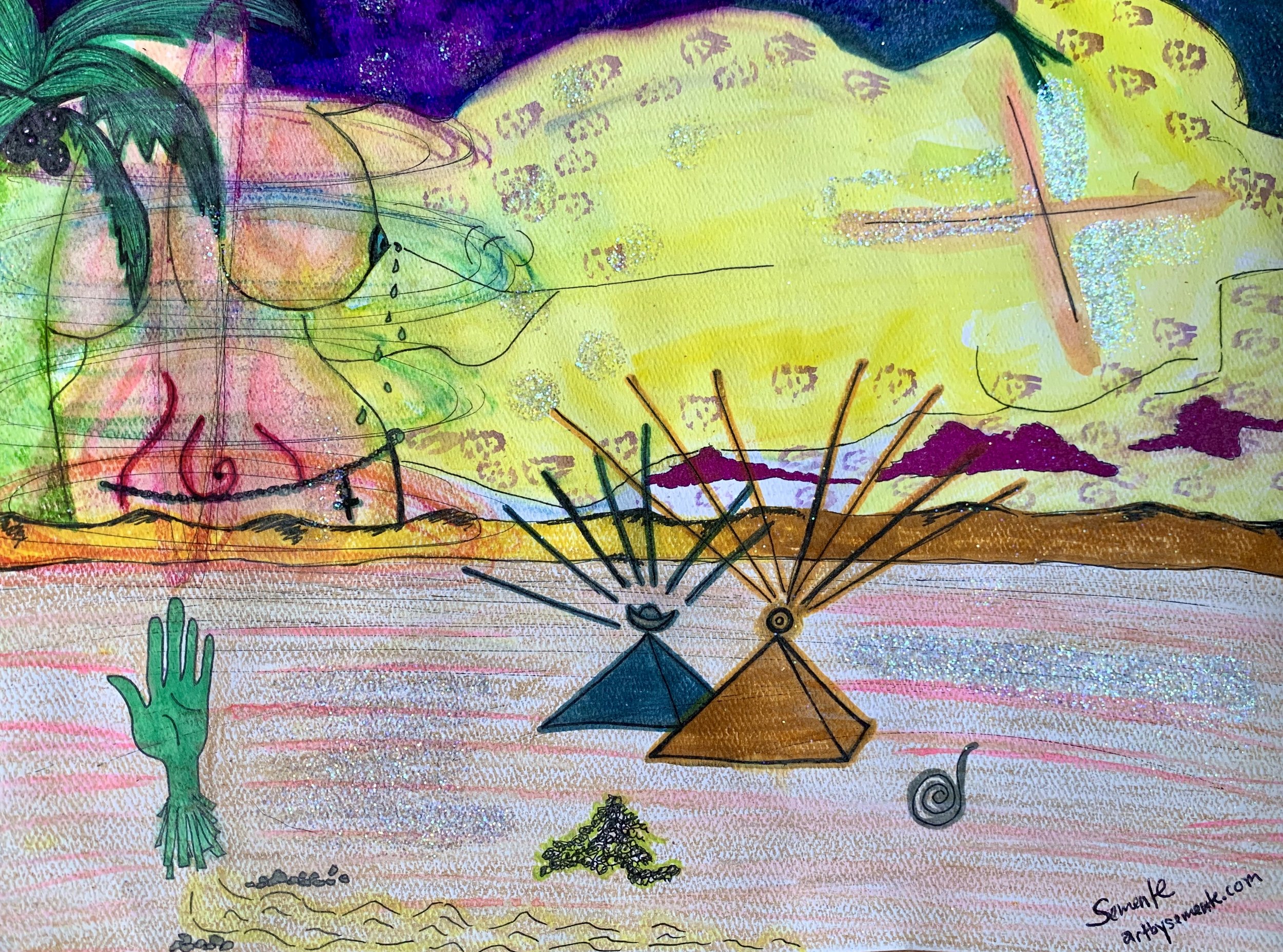 "Pyramids," 2019, pen, pencil, watercolor, pen, pencil, marker, and glitter on paper.